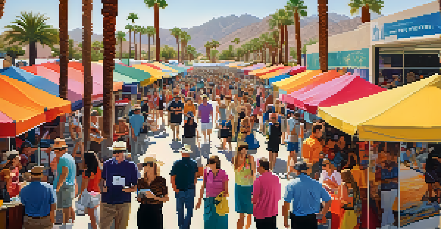 Attendees at the Palm Springs Photo Festival engage in workshops and view exhibitions, surrounded by colorful banners and a lively atmosphere.