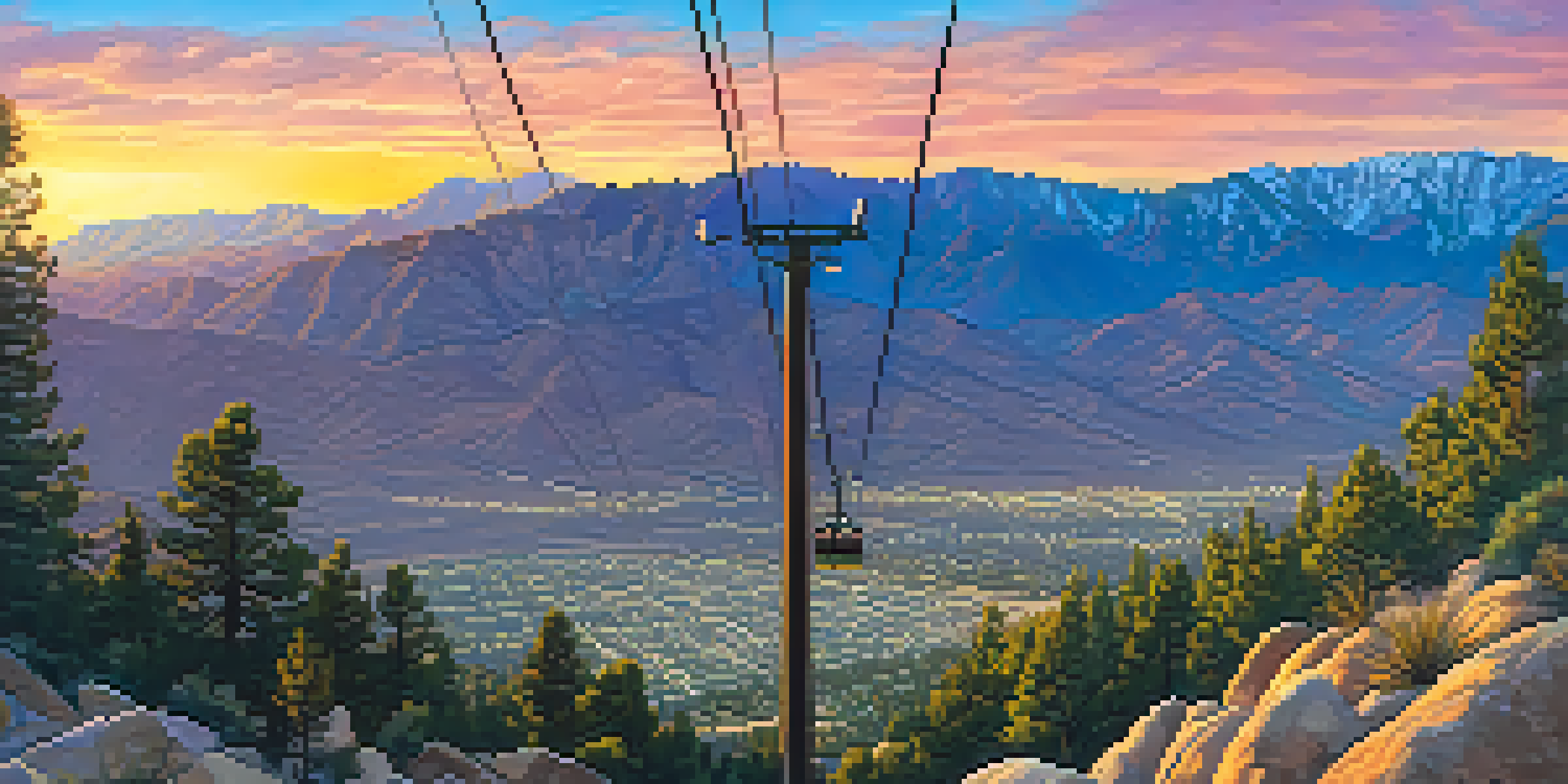 A scenic view from the Palm Springs Aerial Tramway, highlighting the contrast between the desert and the pine-covered mountains during sunset.