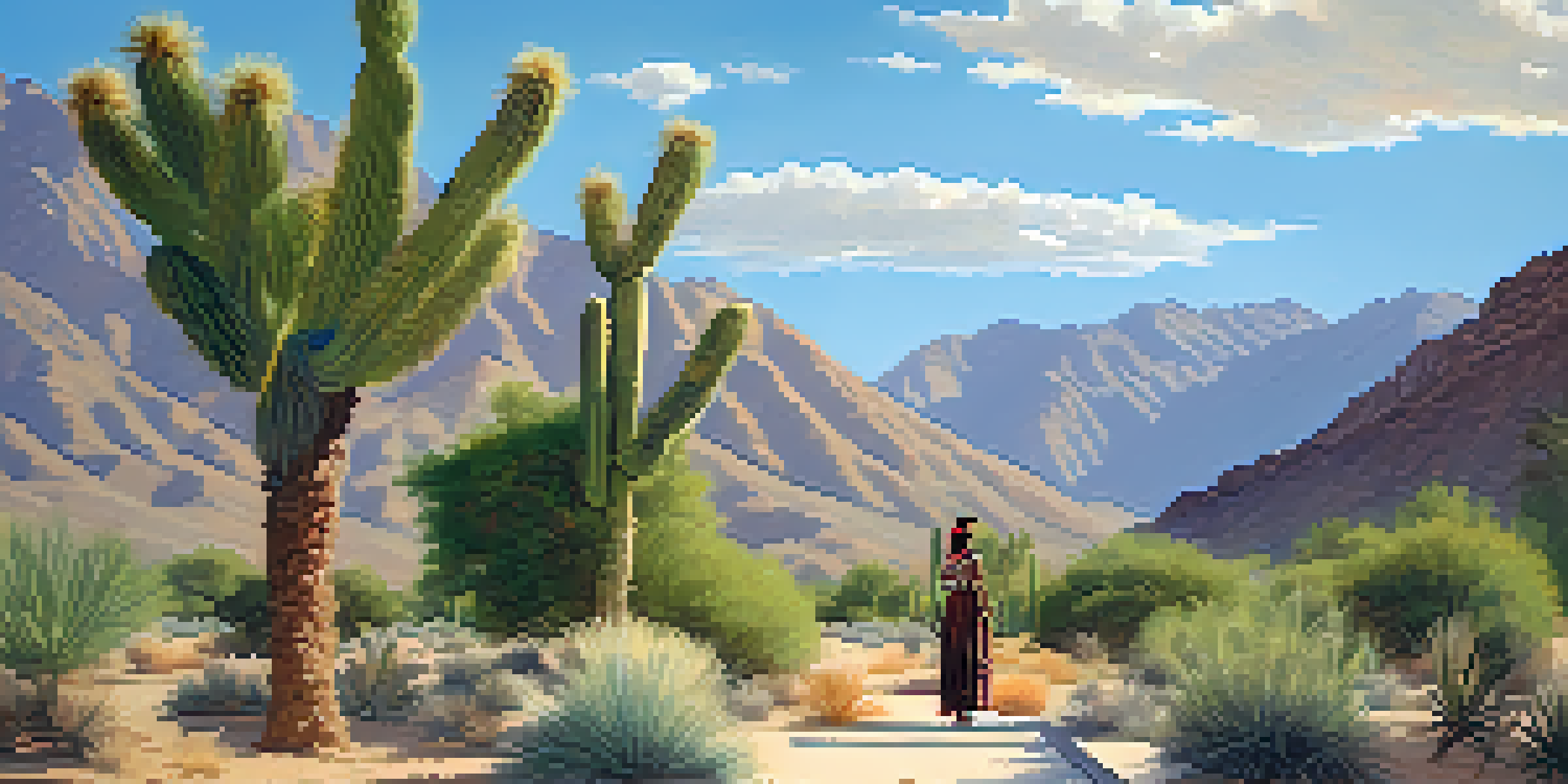 A Native American woman in traditional attire gathers herbs in a lush Palm Springs landscape with mountains and desert plants.