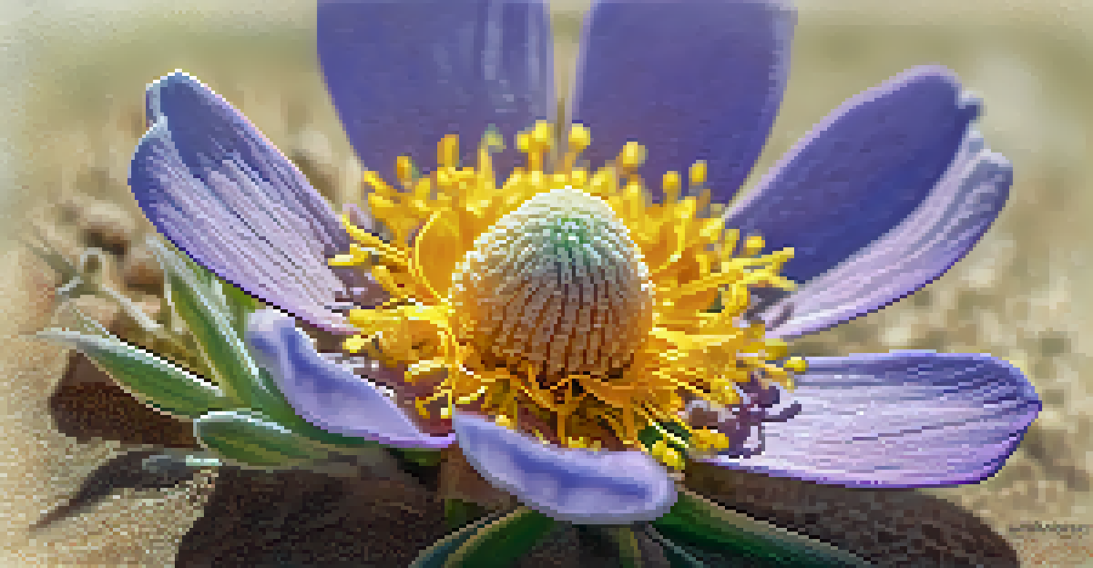 A close-up view of a blooming desert wildflower with detailed petals and soft sunlight.