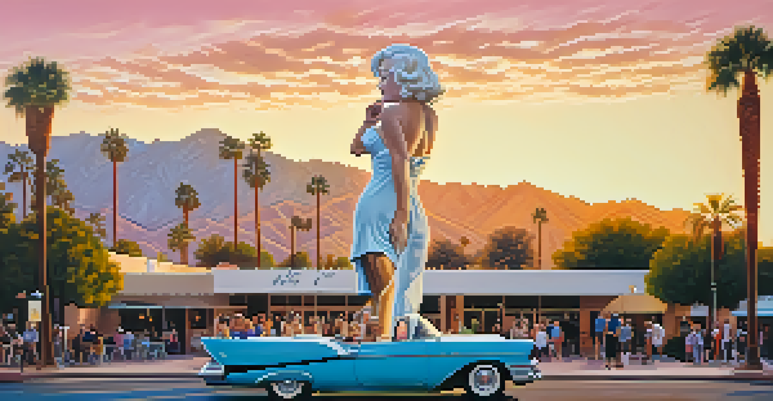 The large statue of Marilyn Monroe, illuminated by sunset light, with people around it in a busy downtown Palm Springs setting.