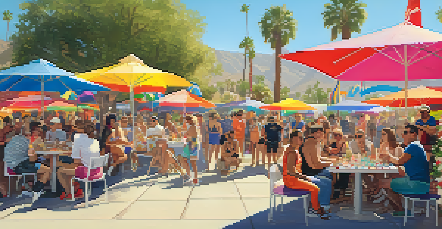 A diverse group of people enjoying a community gathering at Palm Springs Pride, with rainbow decorations and informational booths in a sunny setting.