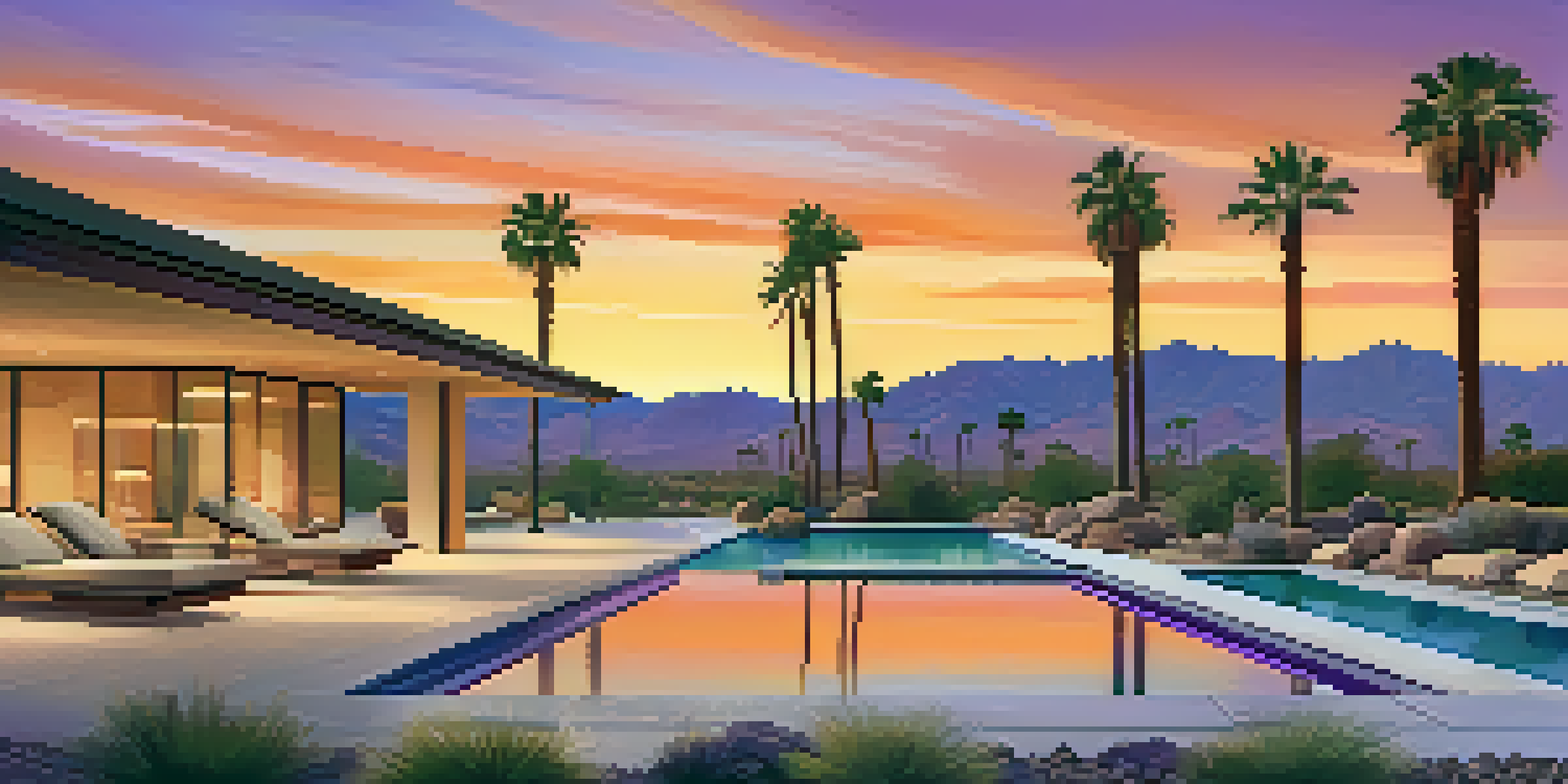 A beautiful sunset over a desert landscape in Palm Springs with a luxurious wellness retreat, palm trees, and a tranquil pool.
