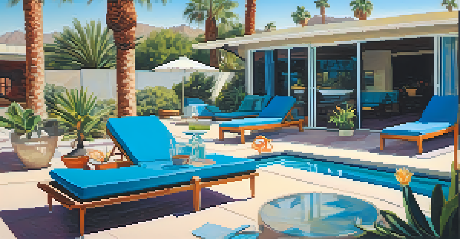 A poolside lounge area in Palm Springs with stylish furniture and a shimmering pool.