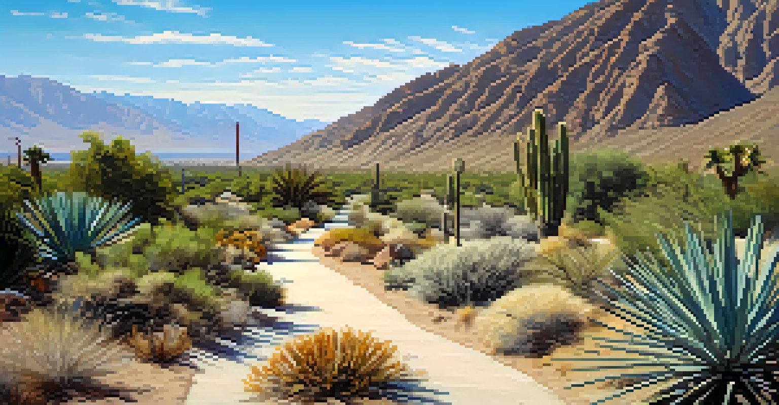 A beautiful hiking trail in Palm Springs with a dirt path, cacti, and mountains in the background.