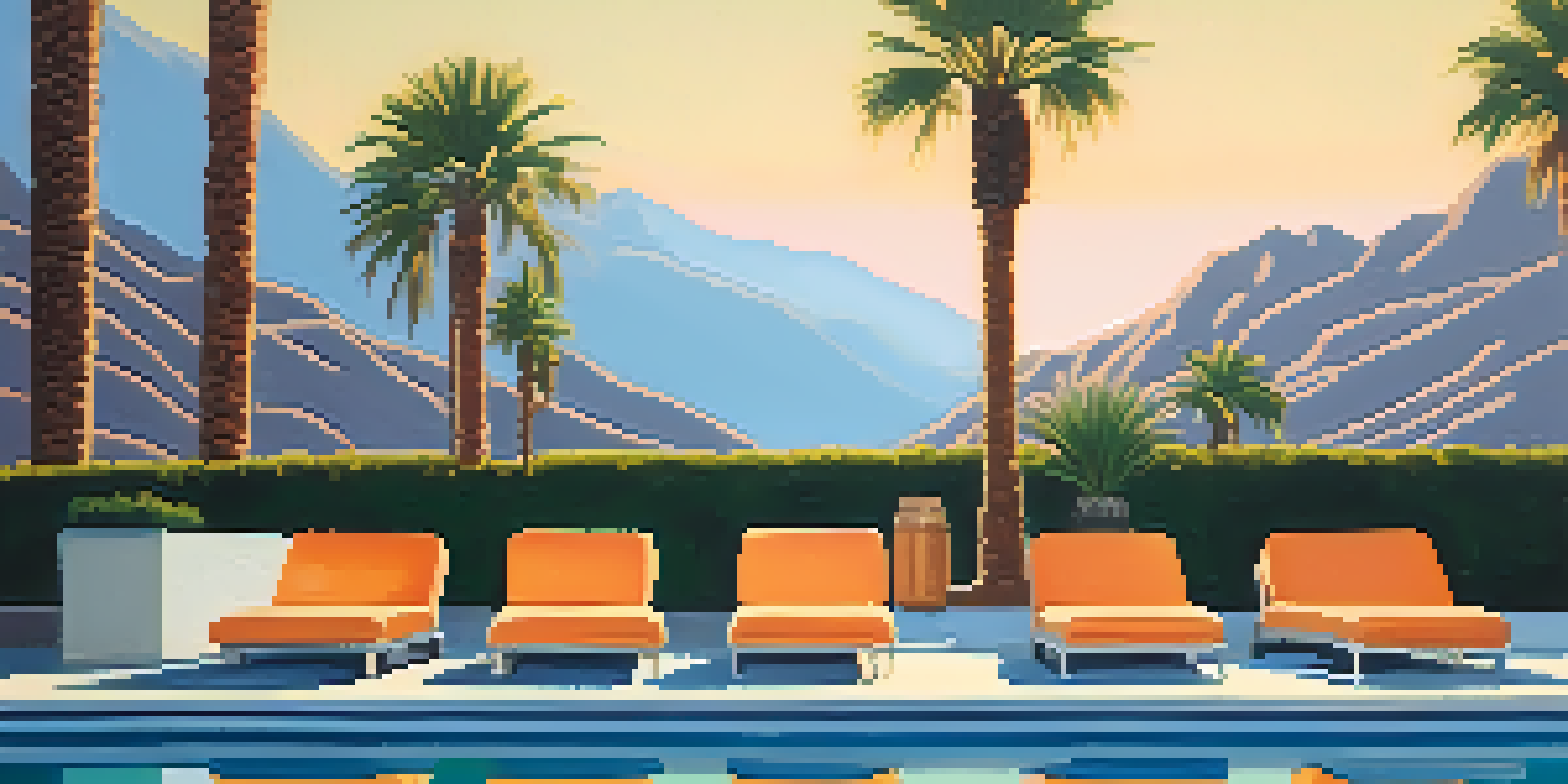 A tranquil pool at a boutique hotel surrounded by vintage lounge chairs and colorful art, with a sunset glow over palm trees and mountains.