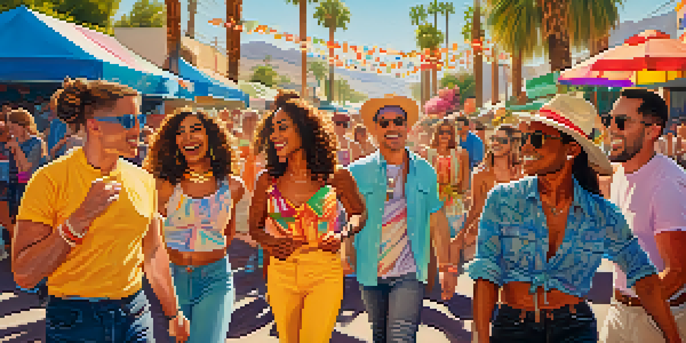 A lively pride festival in Palm Springs with diverse LGBTQ+ individuals celebrating under the sun, surrounded by palm trees and colorful decorations.