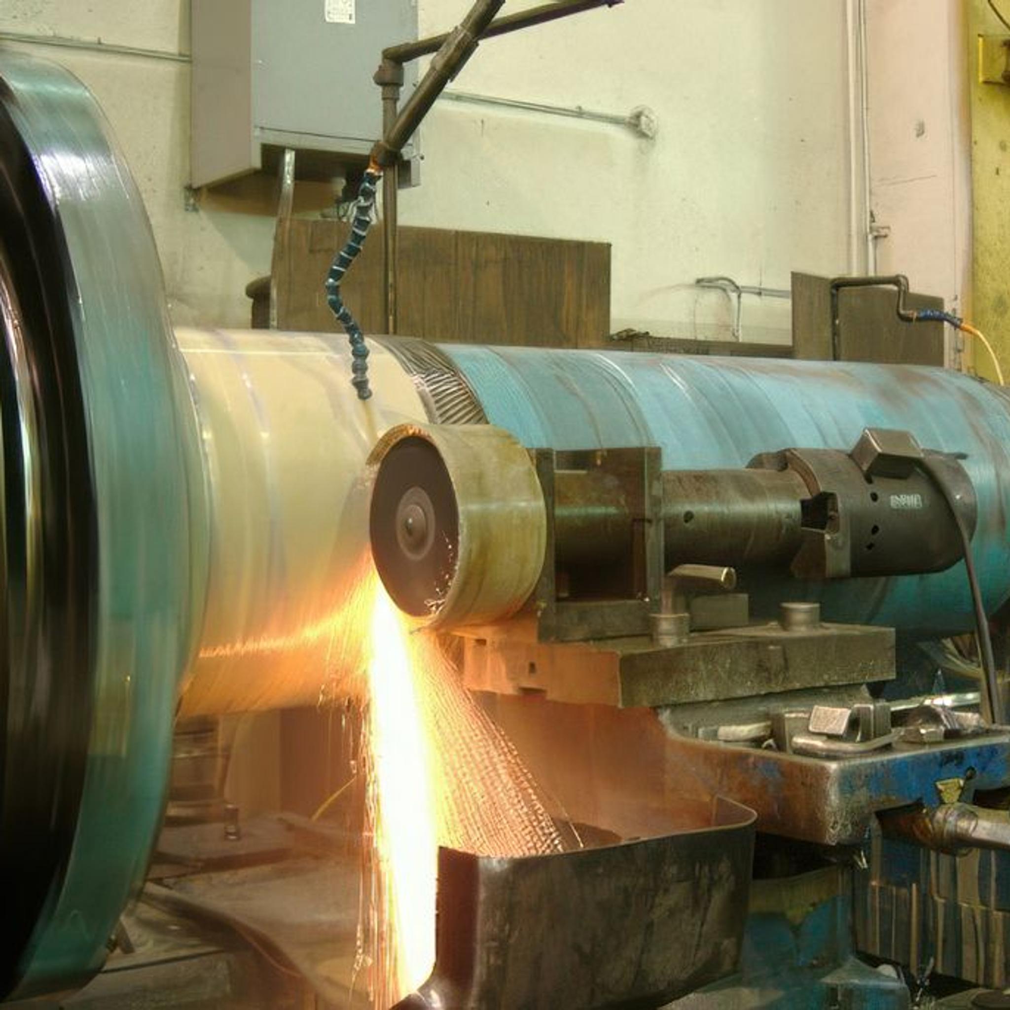 Grinding equipment machines a large industrial motor rotor shaft, producing a shower of sparks.