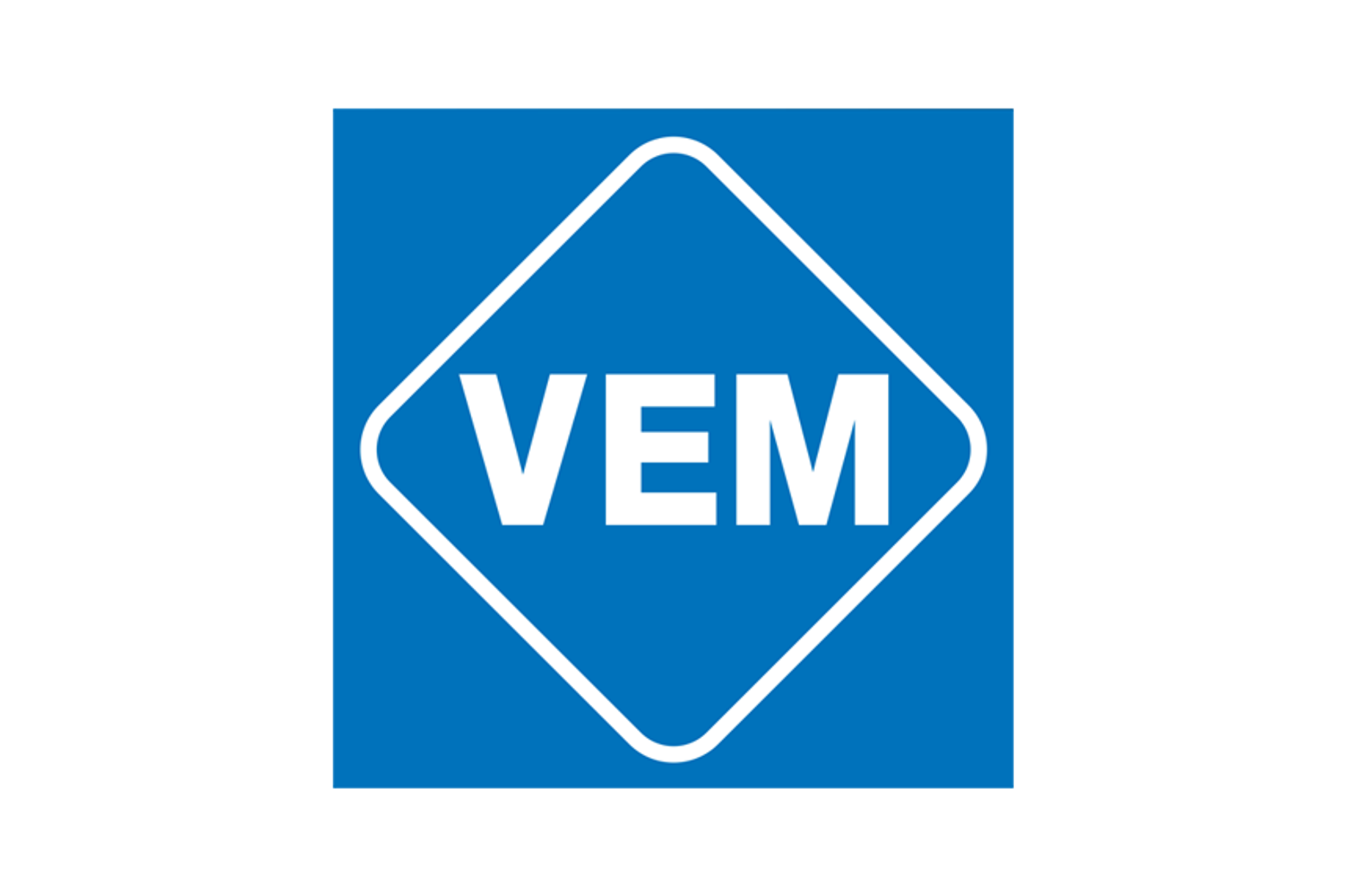 Logo VEM blanc dans un losange aux contours blancs sur fond bleu