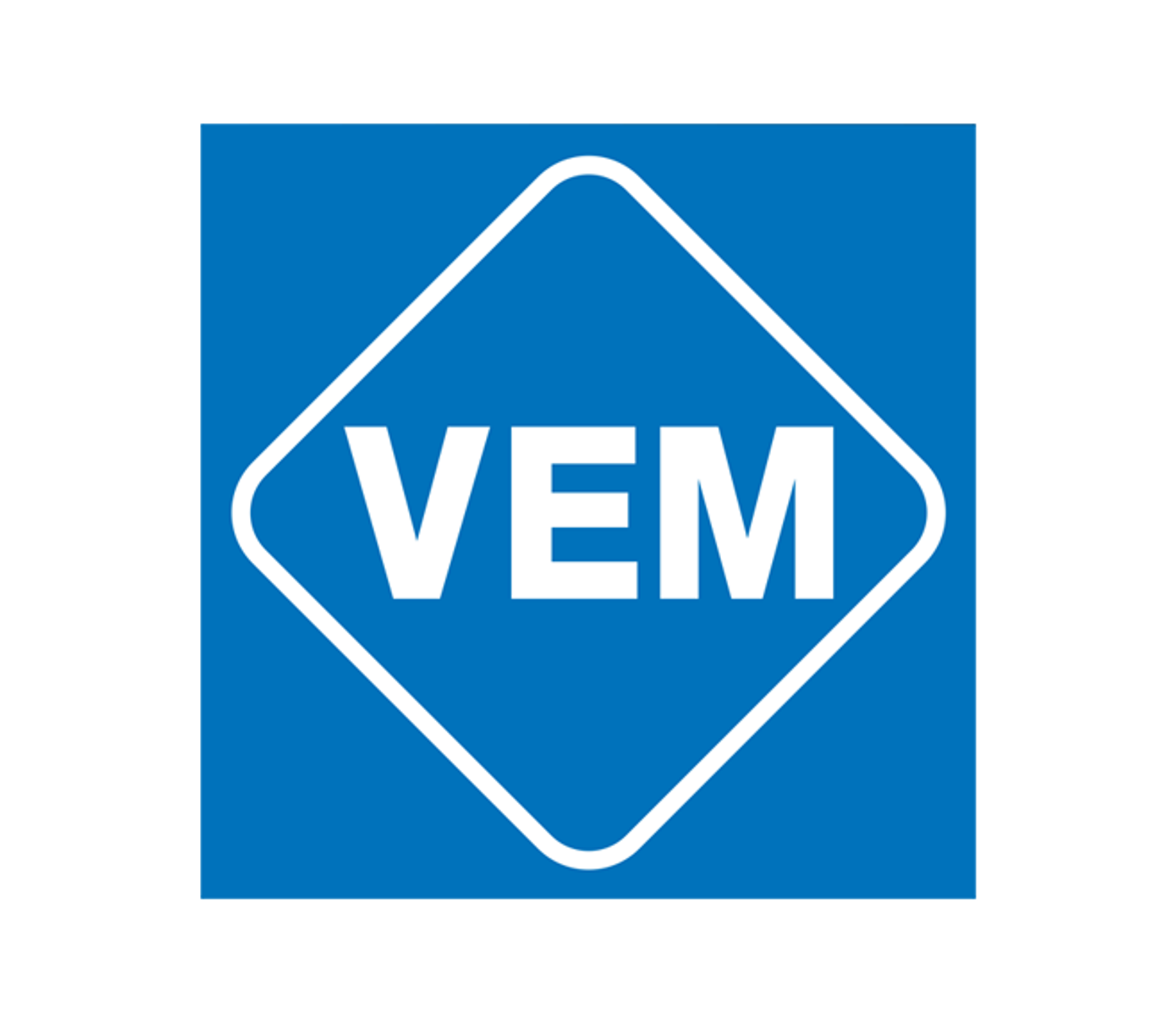 Logo VEM blanc dans un losange aux contours blancs sur fond bleu