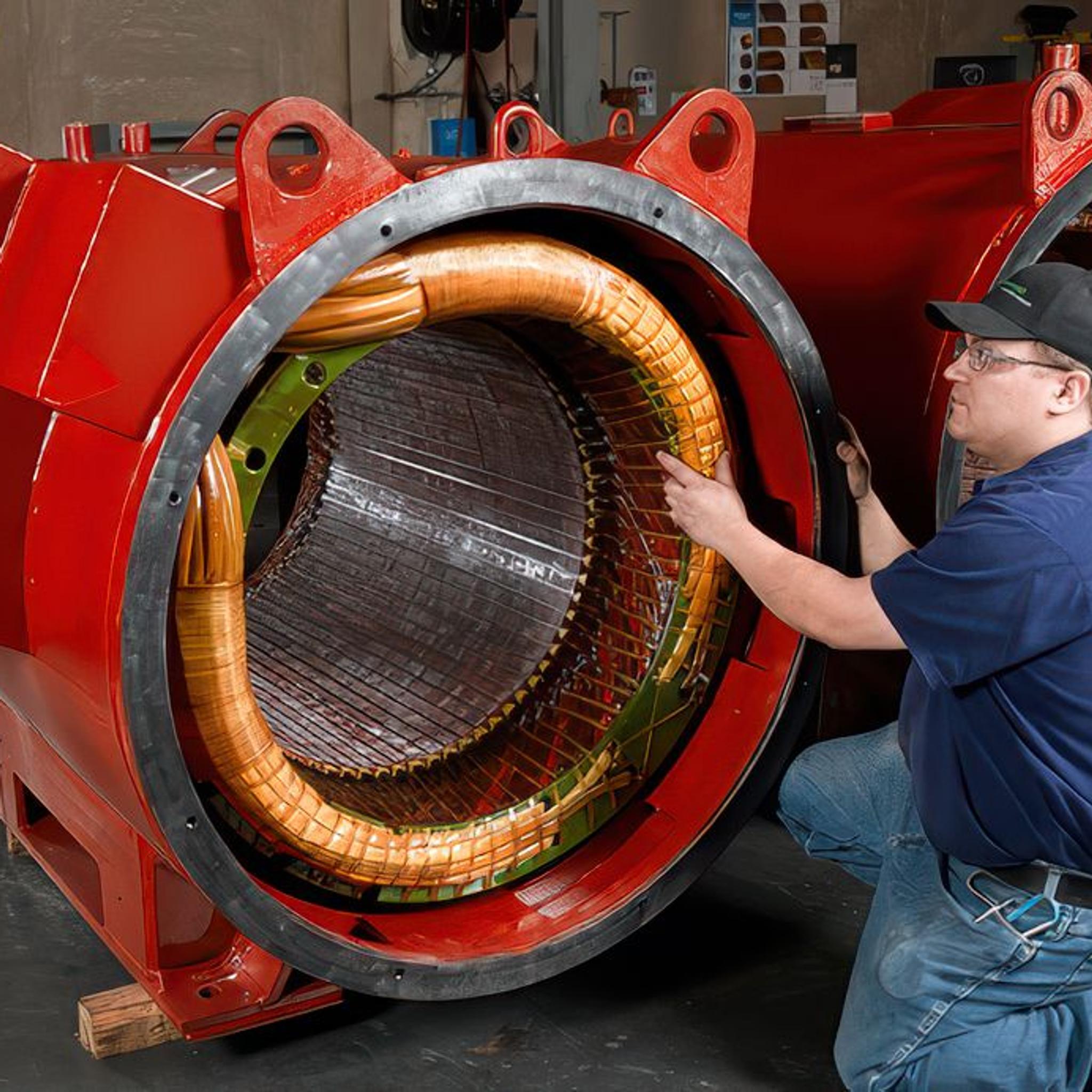 Technician inspects copper windings inside a large industrial motor stator.