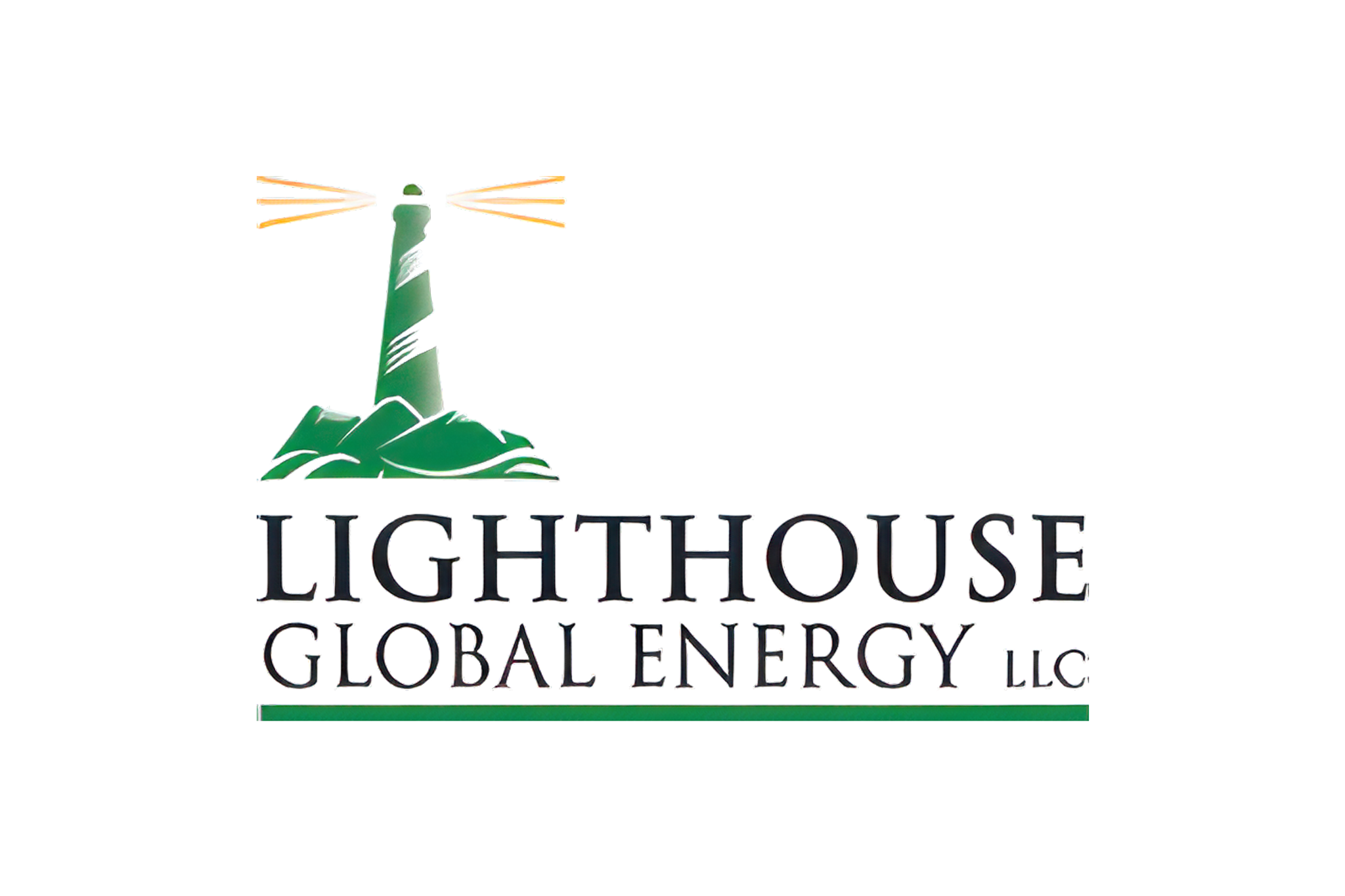 Logotipo de Lighthouse Global Energy LLC con un faro verde sobre rocas y haces de luz amarillos.