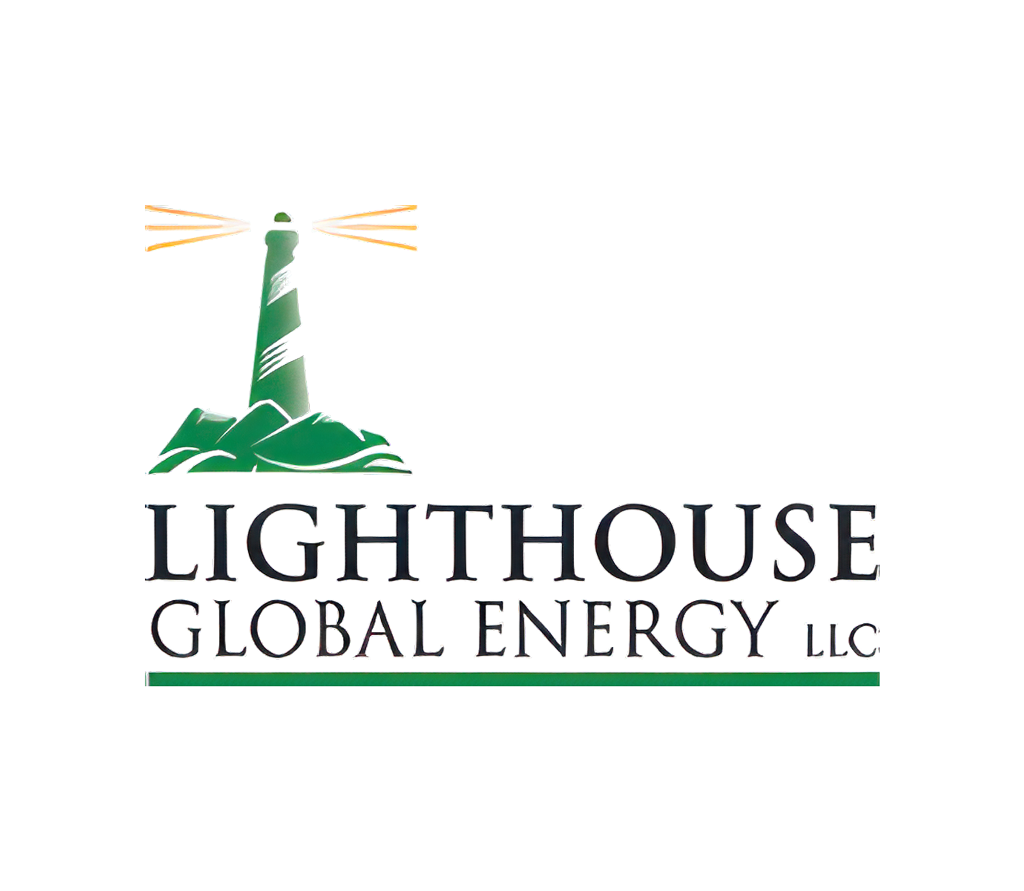 Logo de Lighthouse Global Energy LLC avec un phare vert émettant des faisceaux orange.