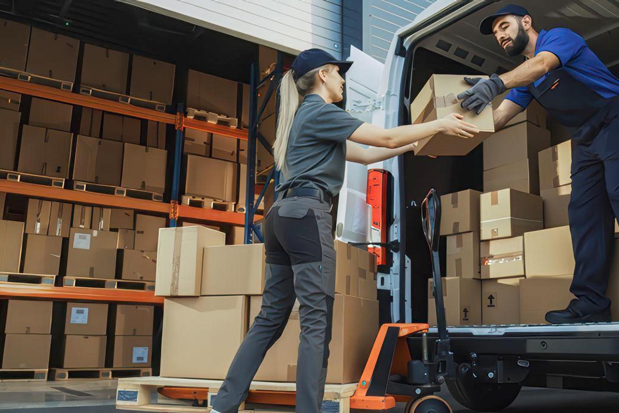 Warehouse workers transfer cardboard boxes from storage racks into a delivery van.