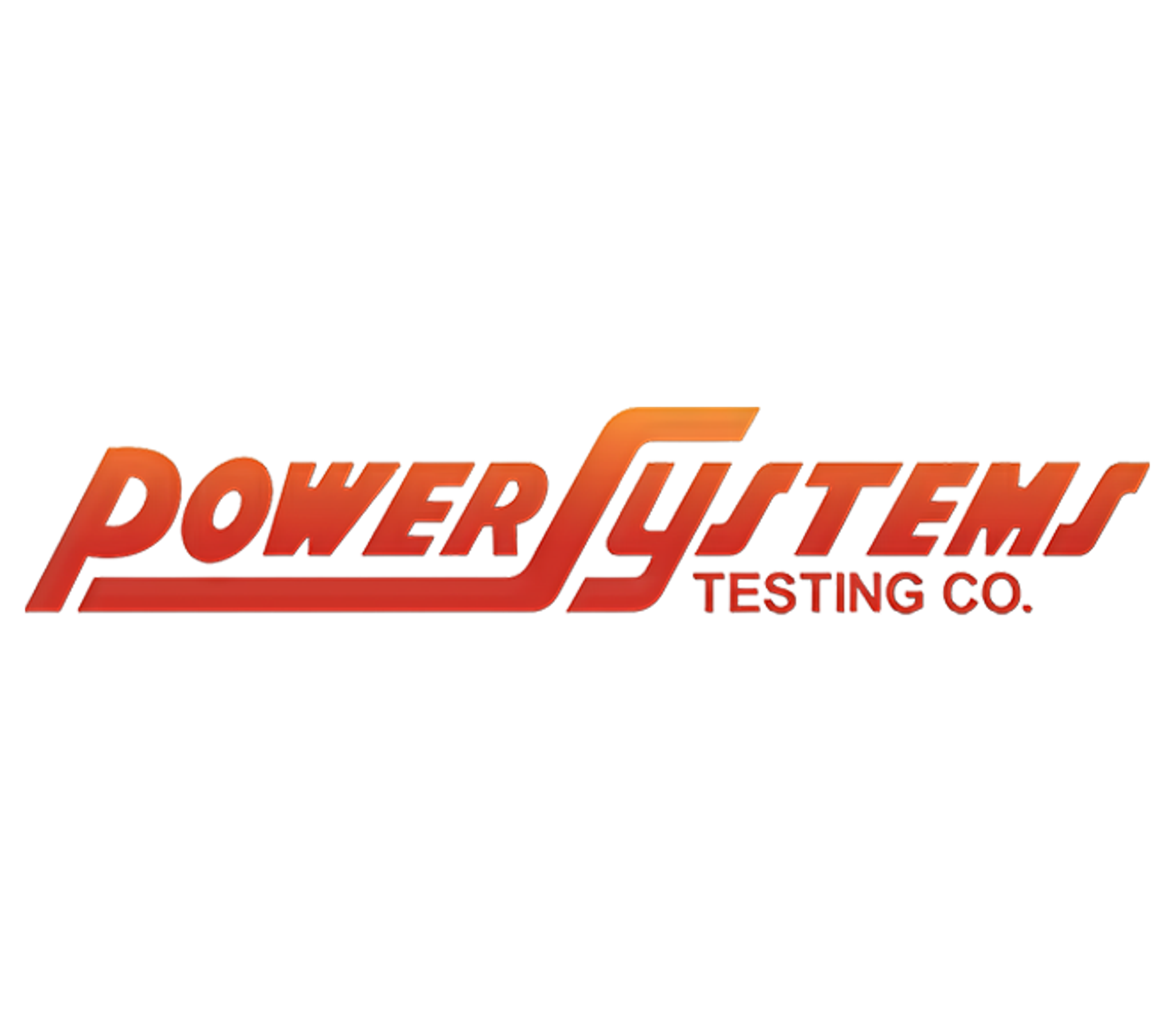 Logo de Power Systems Testing Co. en lettres rouges et orange avec des lignes horizontales.
