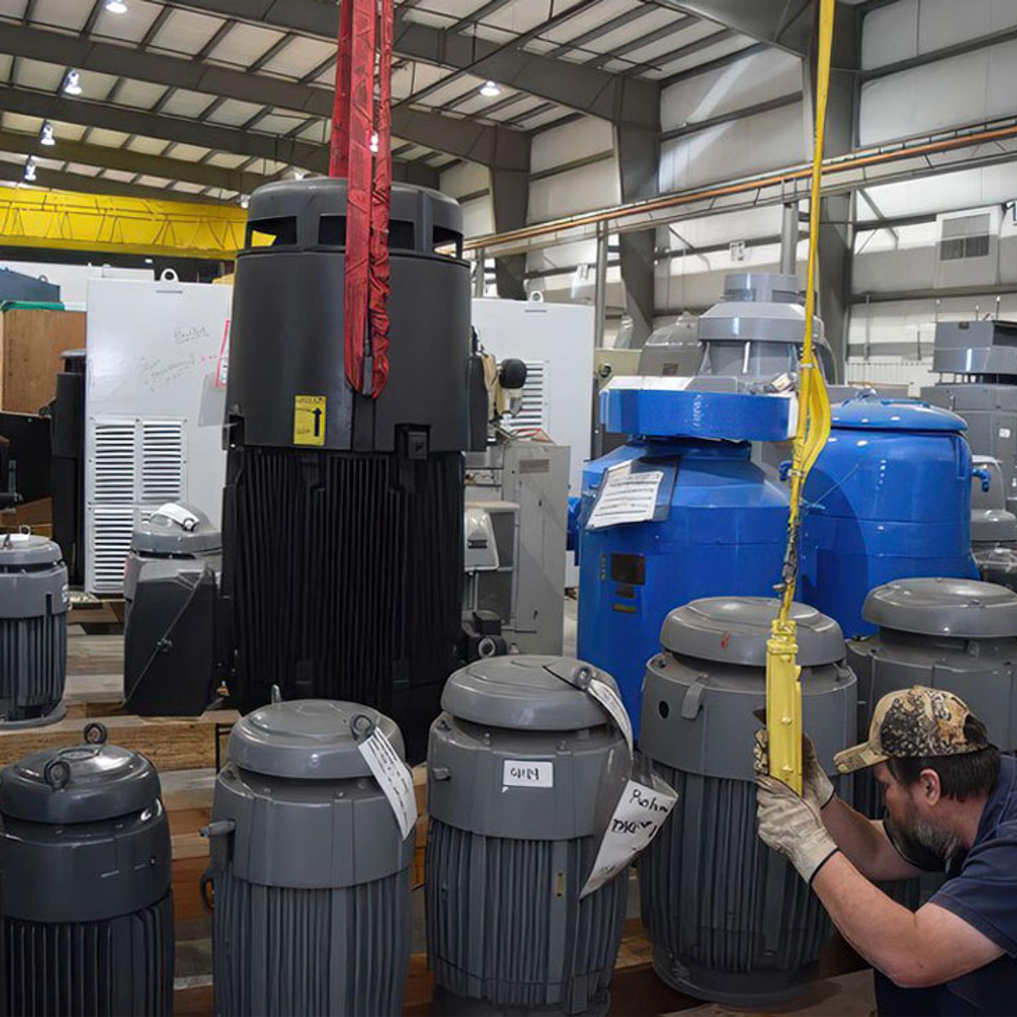 Technician operates a hoist among industrial electric motors in an IPS service facility.