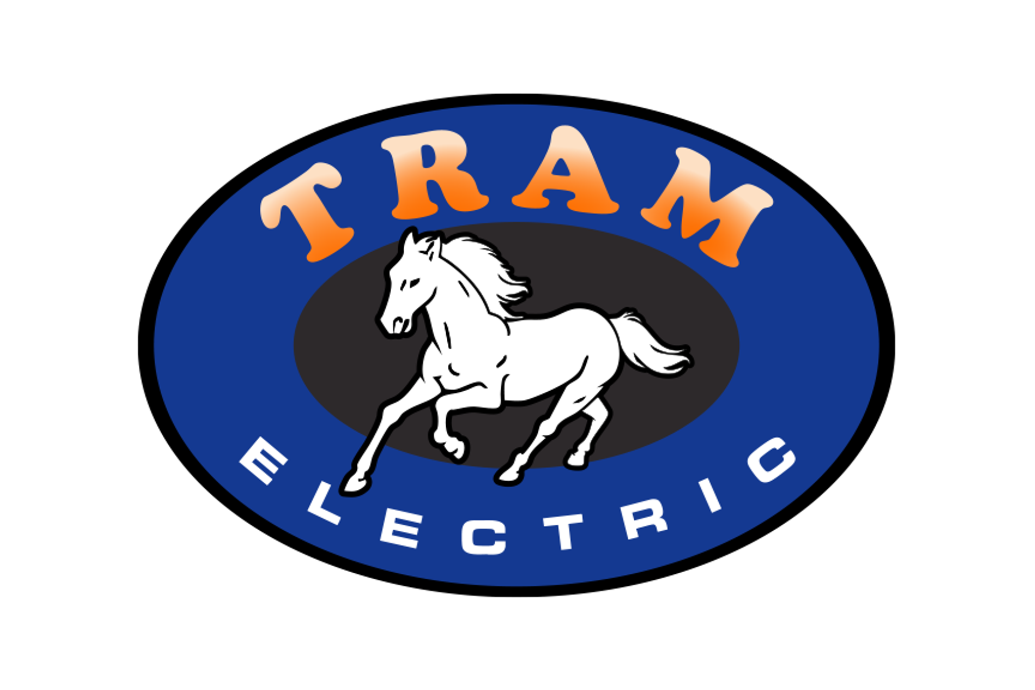 Tram Electric logo featuring a white running horse inside a blue oval.