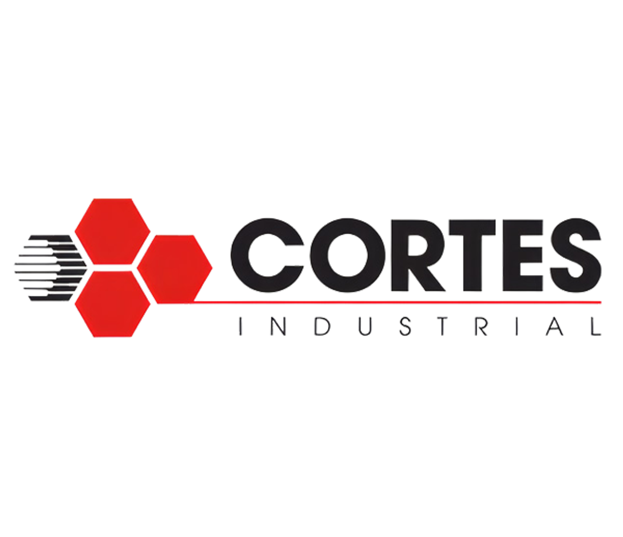 Logo Cortes Industrial avec trois hexagones rouges et un symbole métallique gris