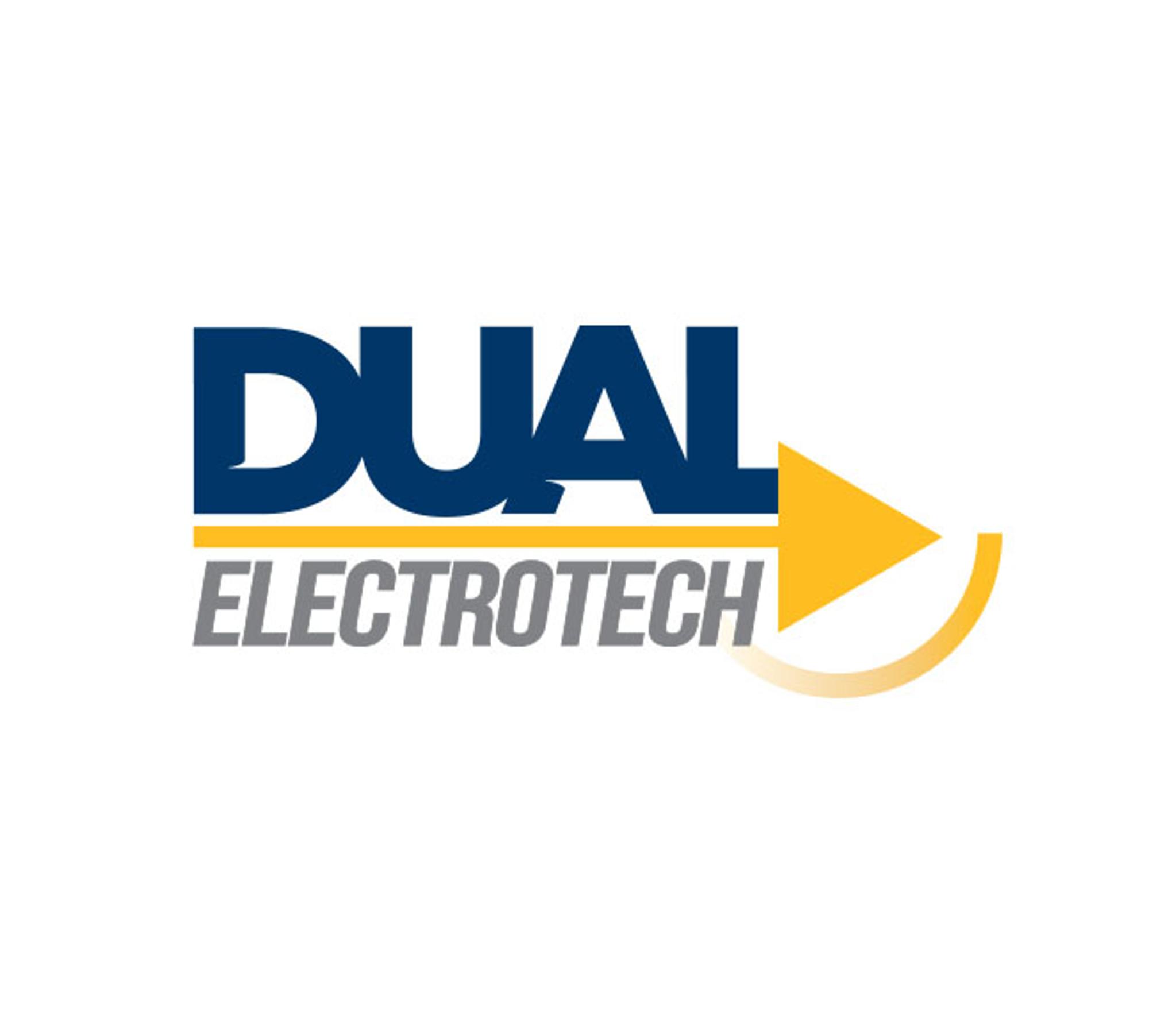 Logo Dual Electrotech bleu et gris avec une flèche jaune.