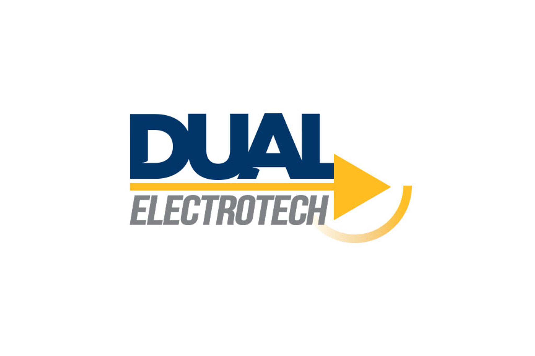 Dual Electrotech logo with blue lettering and a yellow arrow.