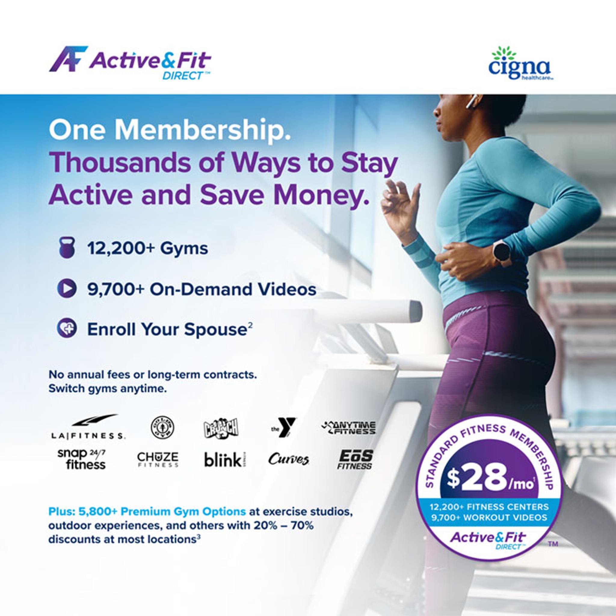 Active&Fit Direct ad featuring a woman running on a treadmill and a $28 monthly gym membership offer.