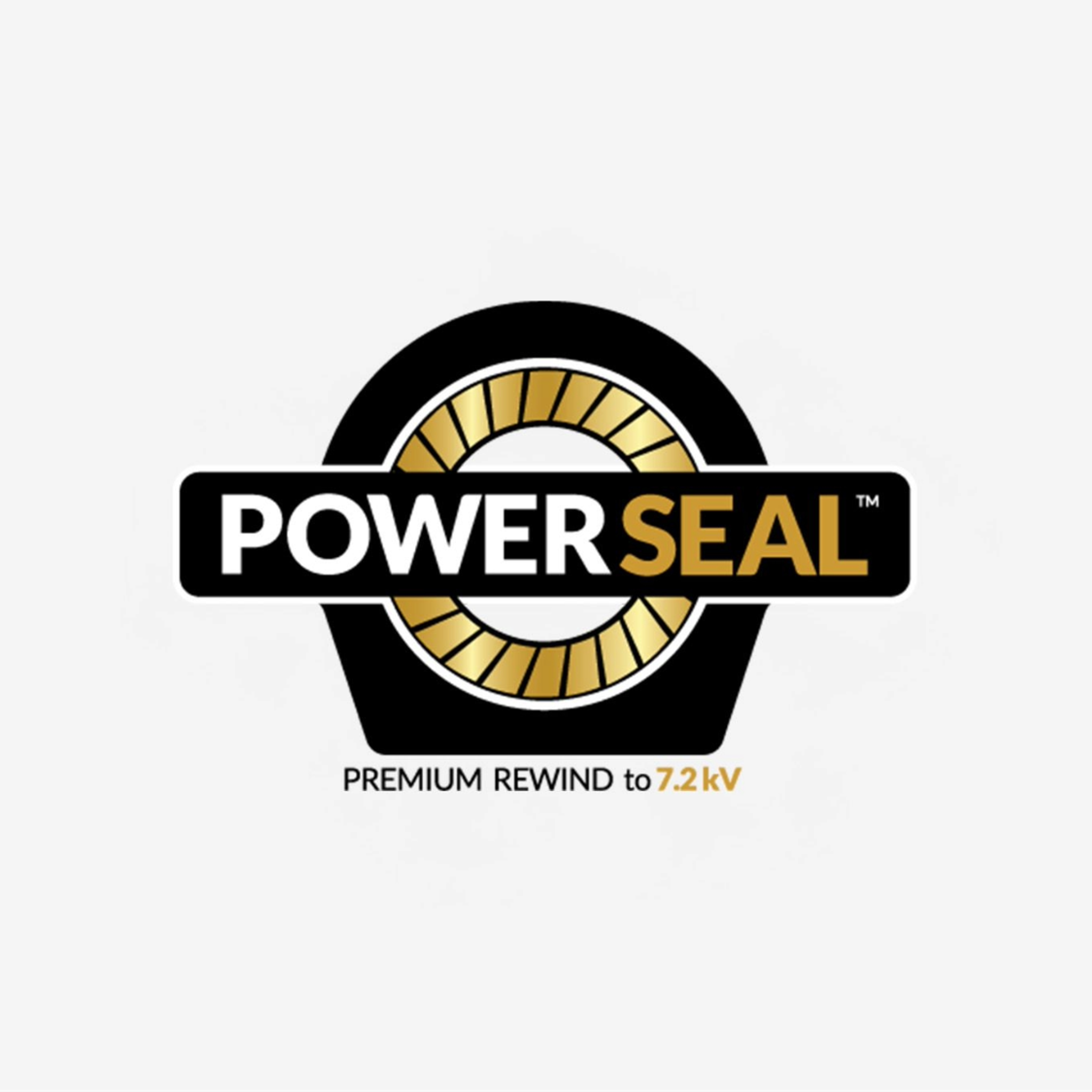 PowerSeal Premium Rewind to 7.2 kV logo with a stylized gold motor winding.