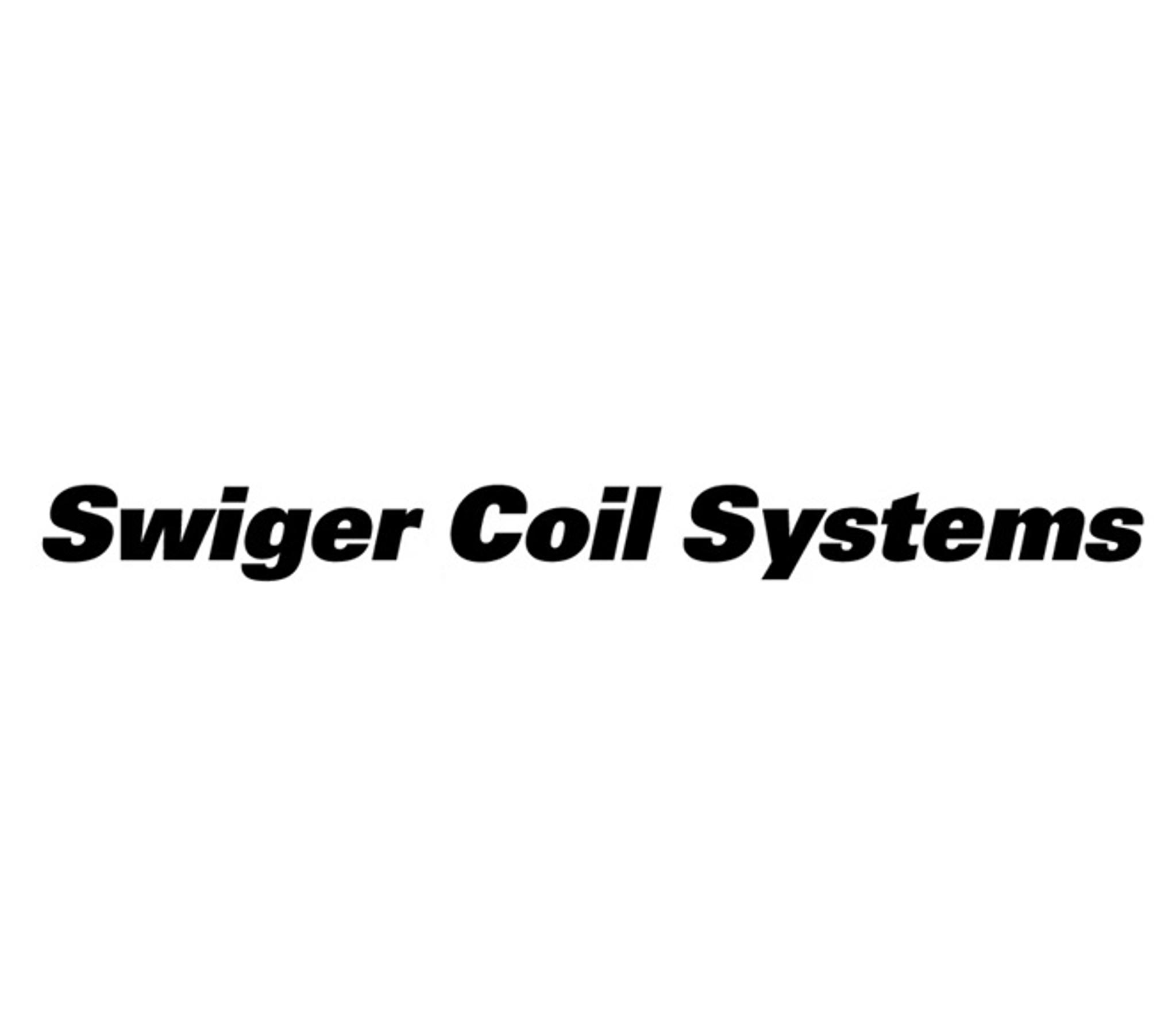 Texte « Swiger Coil Systems » en noir sur fond blanc