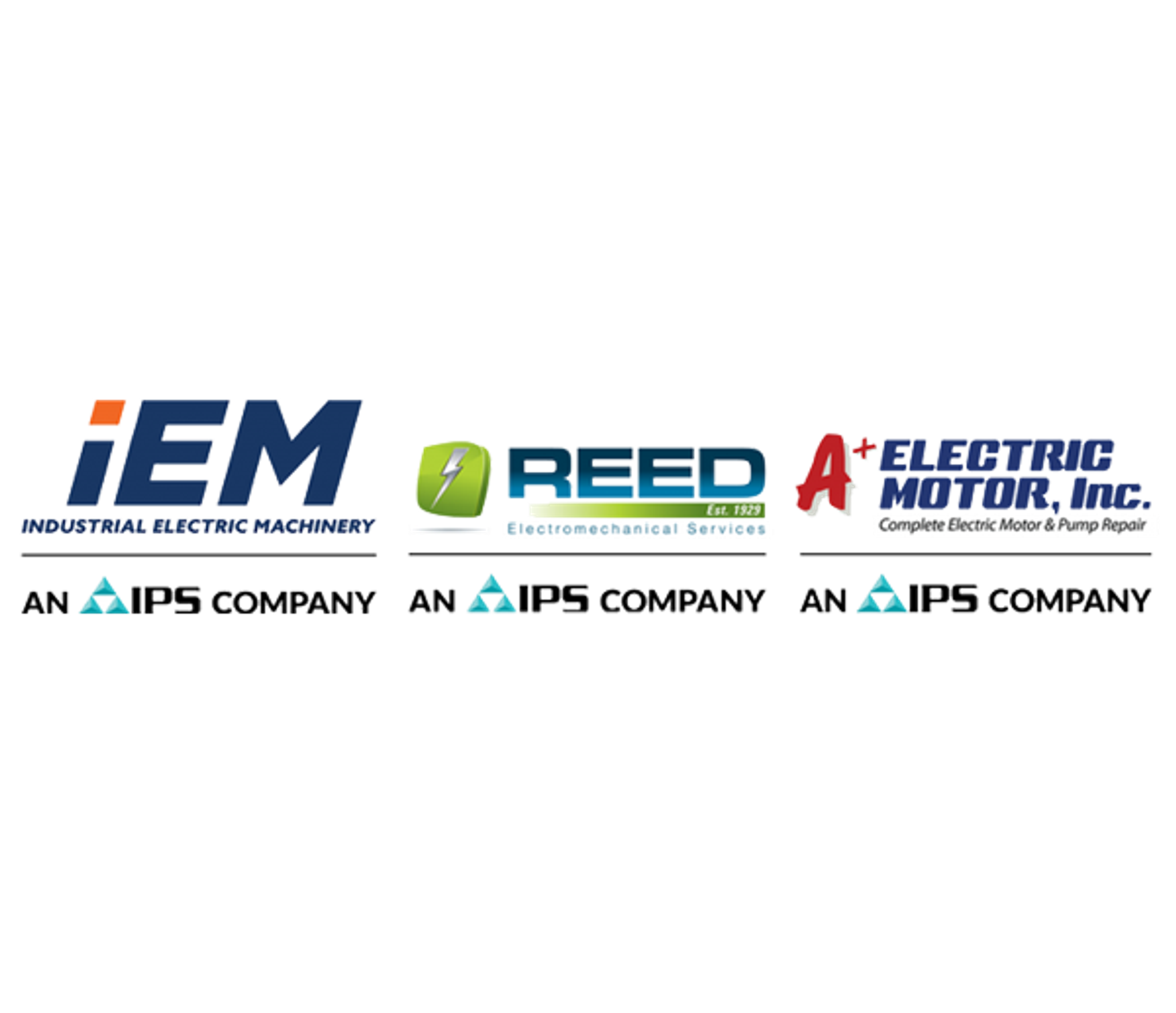Logos d’Industrial Electric Machinery, de Reed et d’A+ Electric Motor, trois sociétés d’IPS