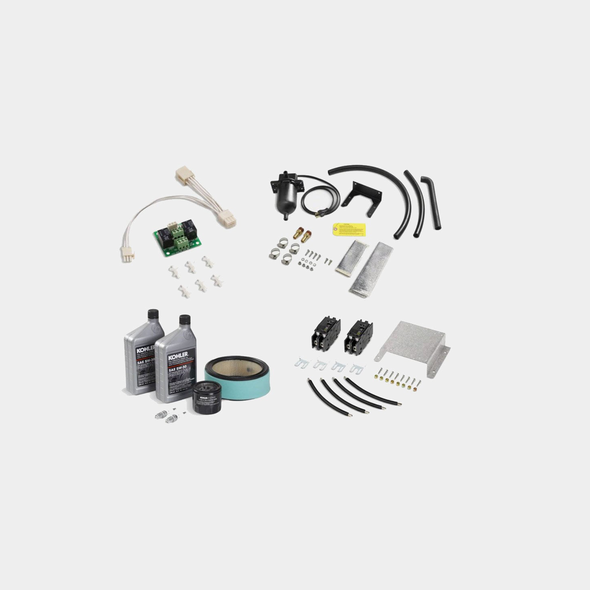 Generator maintenance kit with oil, filters, circuit breakers, wiring, hoses, and mounting hardware.