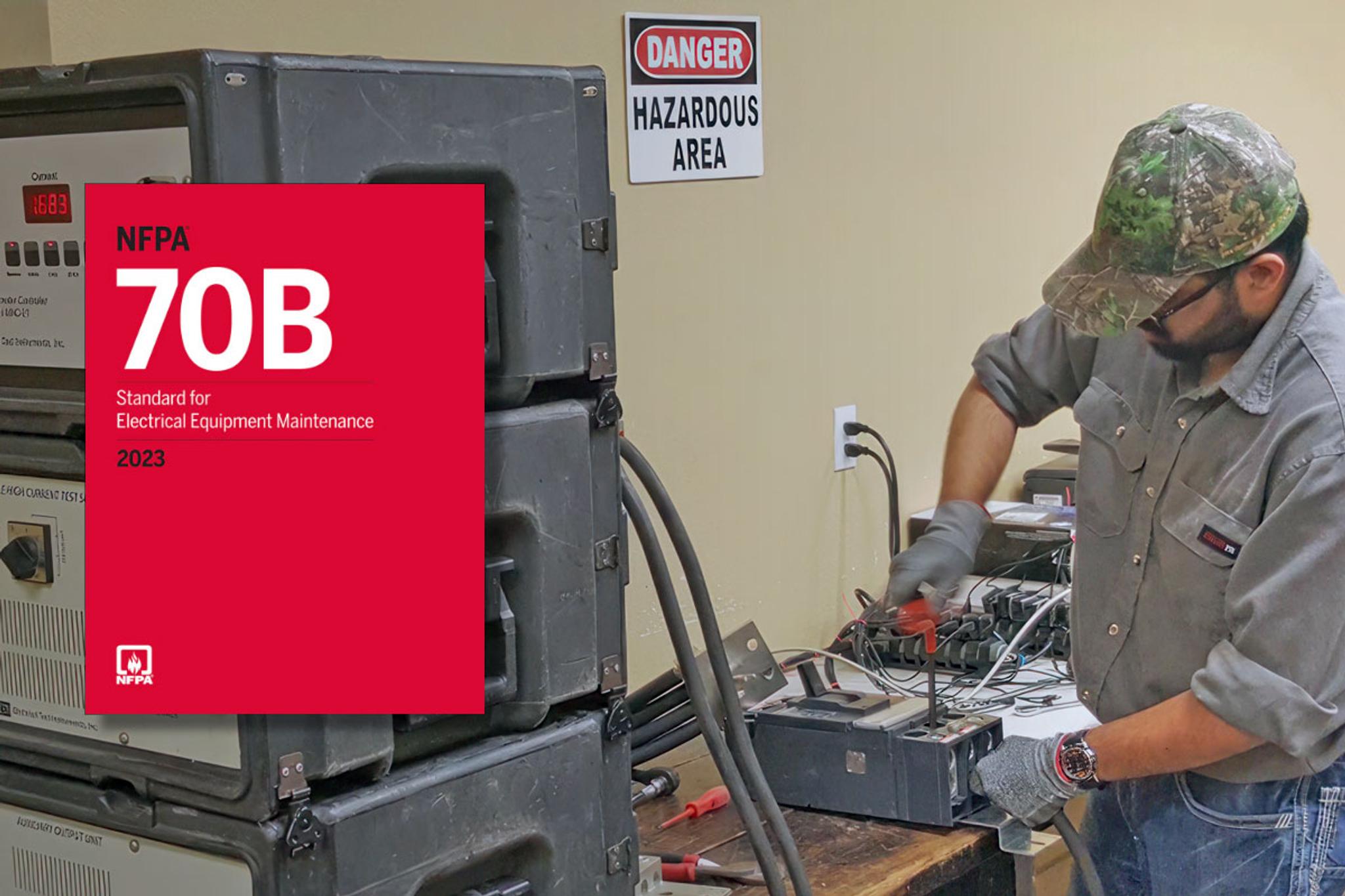 Técnico realiza pruebas eléctricas en un equipo junto a la portada de la norma NFPA 70B.