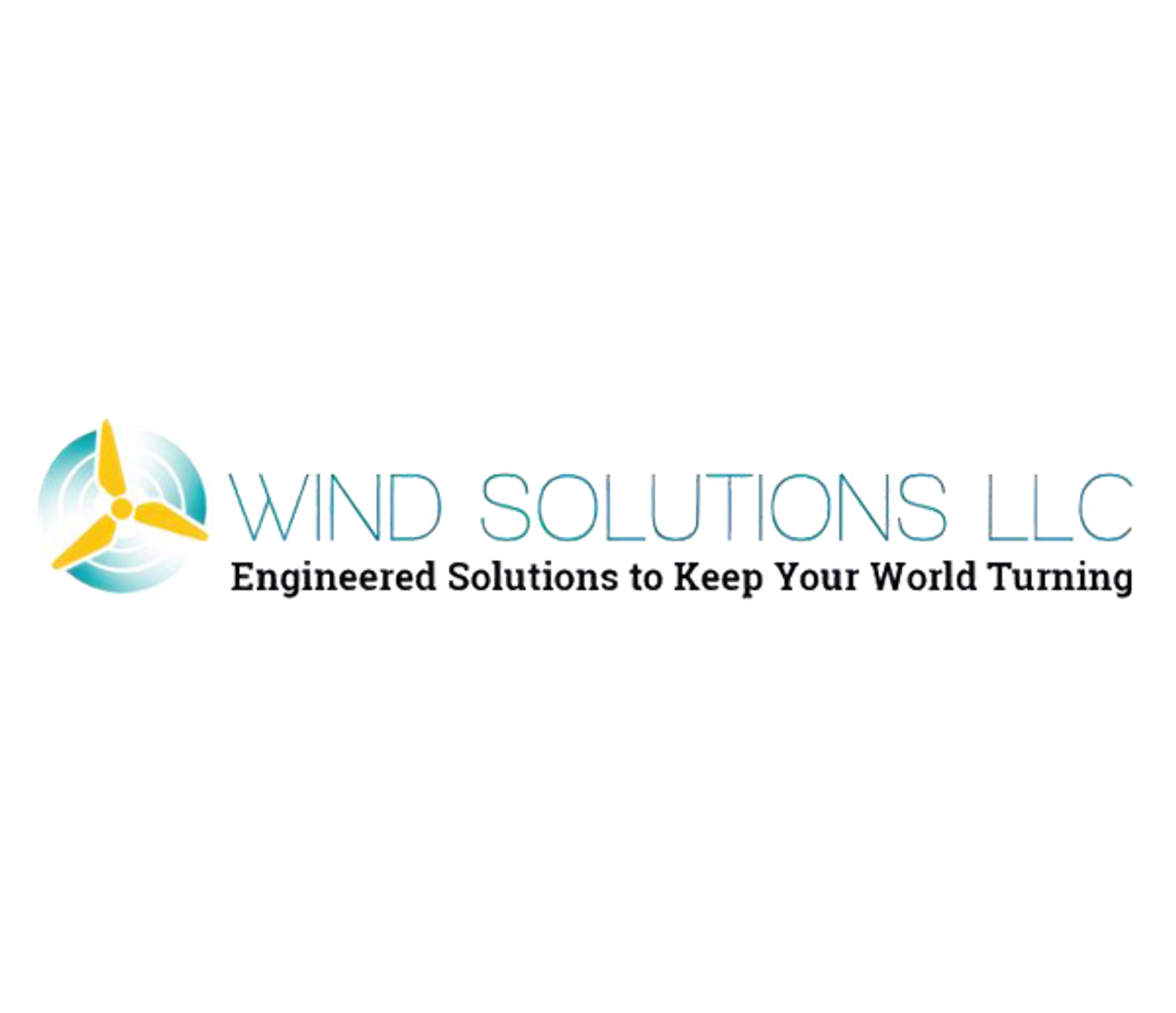 Logo Wind Solutions LLC avec une turbine stylisée et le slogan « Engineered Solutions to Keep Your World Turning »