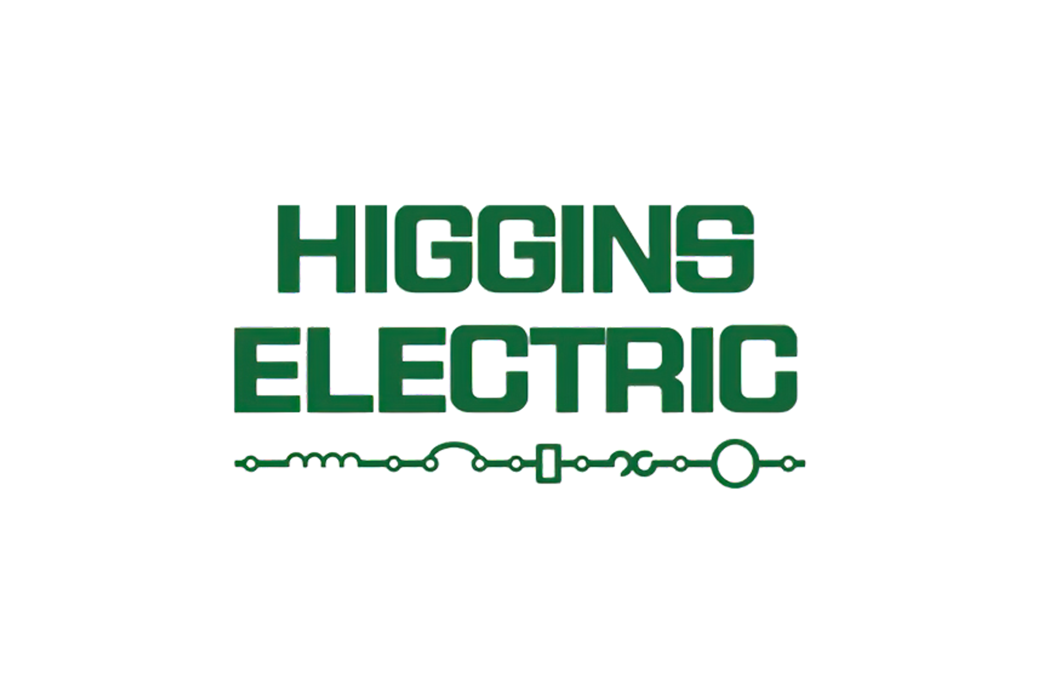 Logotipo verde de Higgins Electric con una línea de símbolos de circuitos eléctricos.