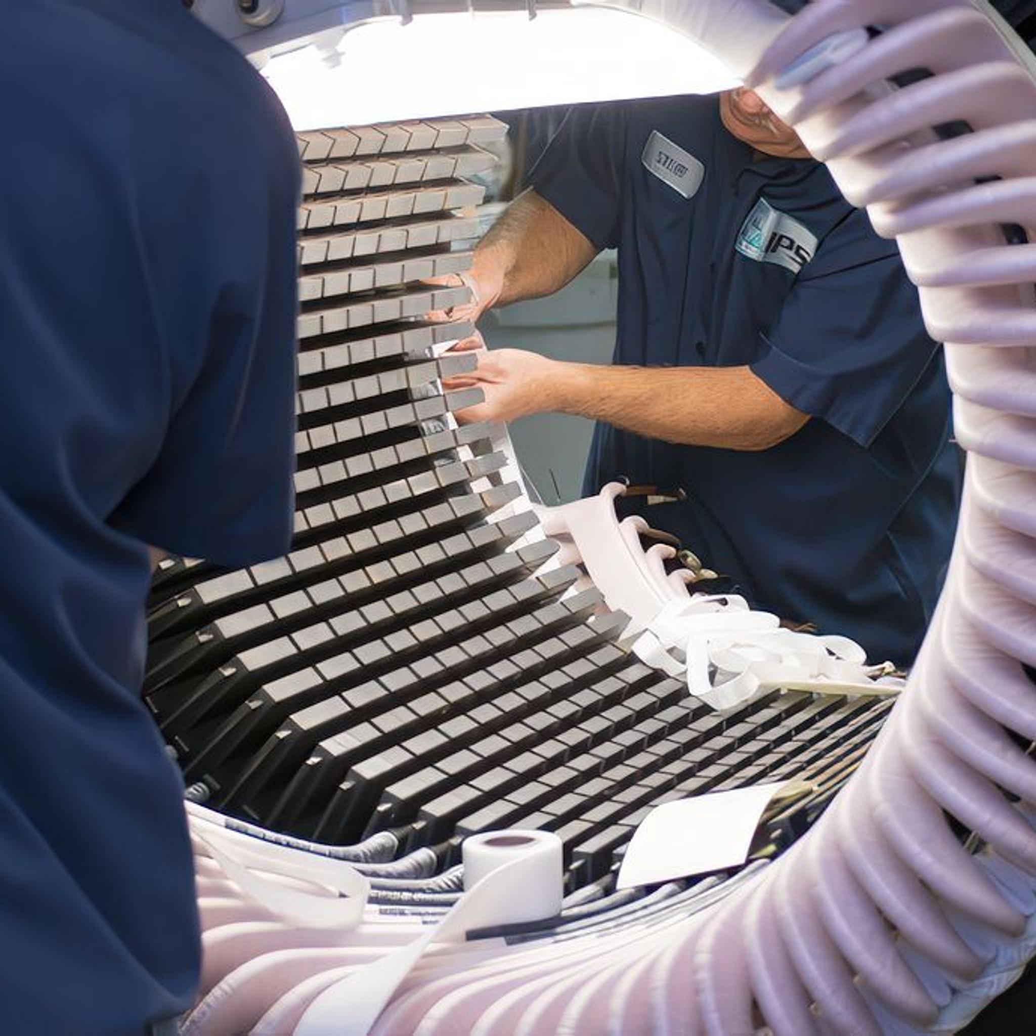 IPS technicians inspect stator windings inside a large electric motor.