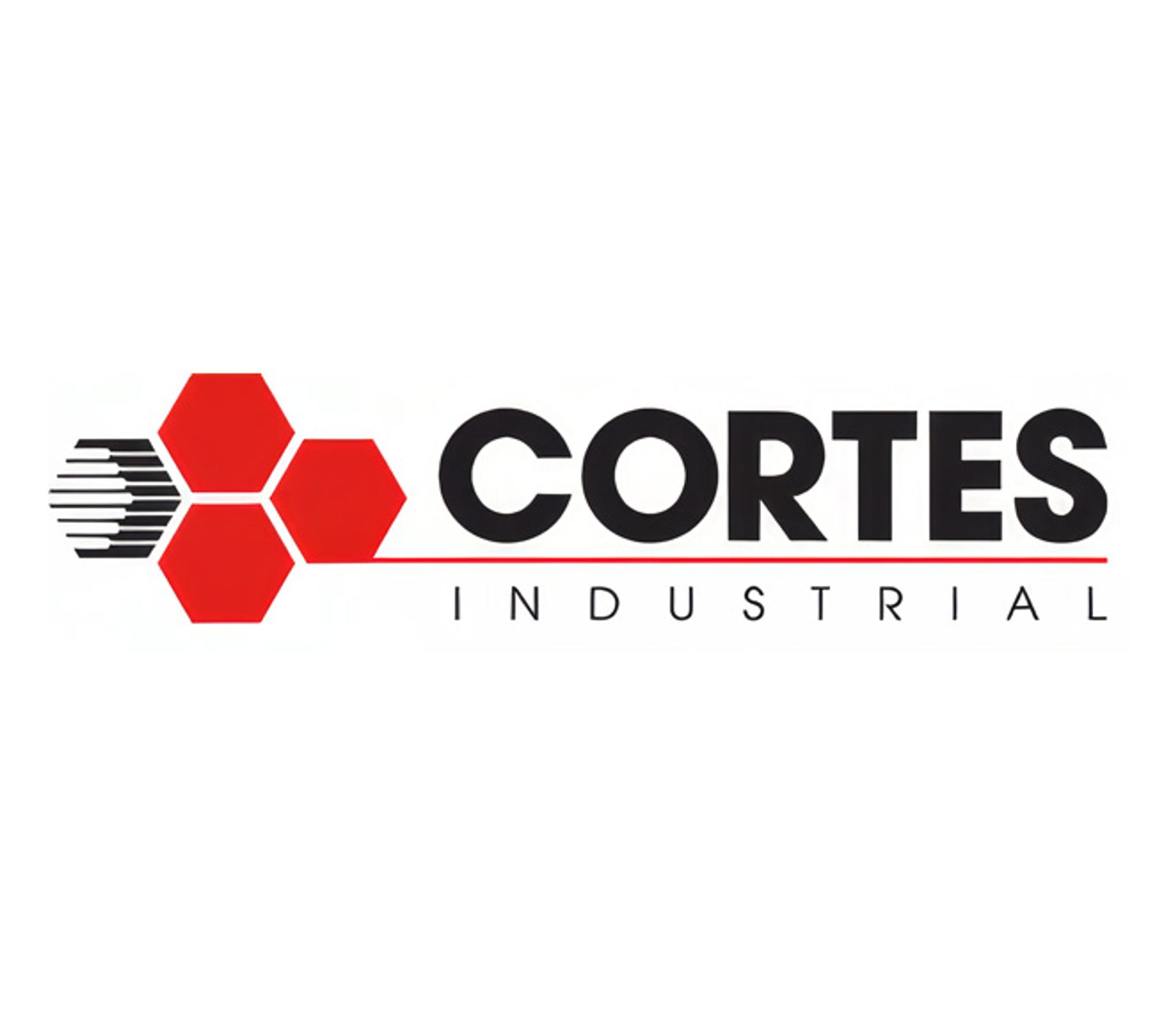 Logo Cortes Industrial avec hexagones rouges et symbole noir sur fond blanc