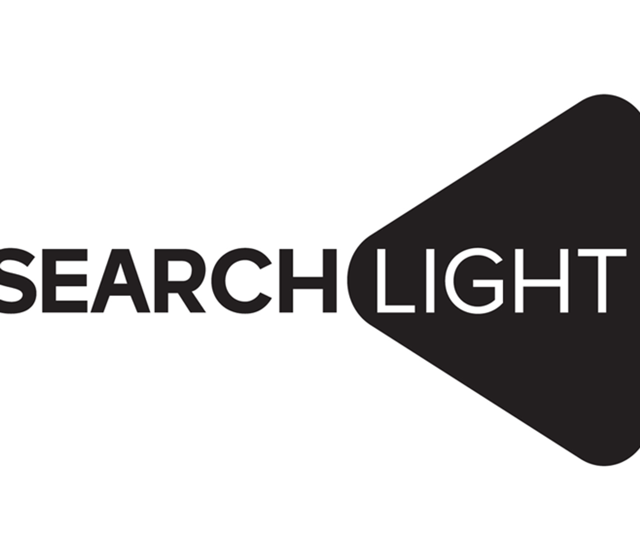 Logo Searchlight noir sur fond blanc avec un faisceau de projecteur stylisé