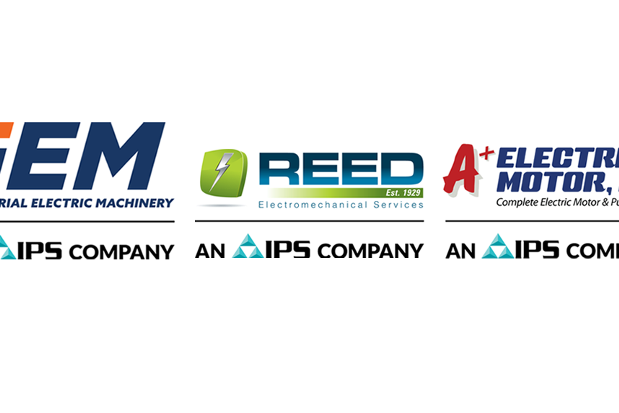 Logotipos de Industrial Electric Machinery, Reed y A+ Electric Motor, empresas de IPS.
