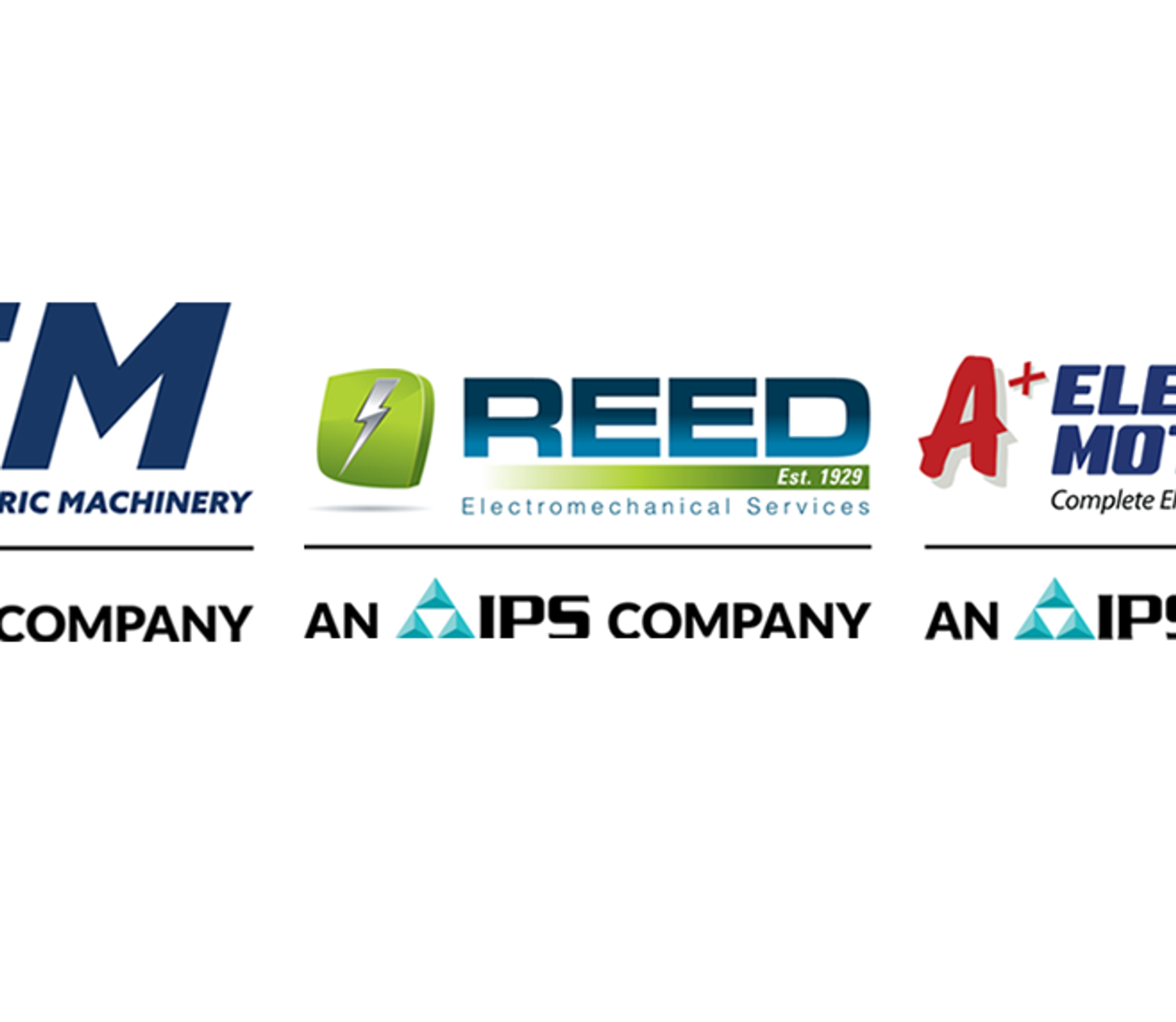 Logos d’Industrial Electric Machinery, Reed et A+ Electric Motor, trois entreprises d’IPS.