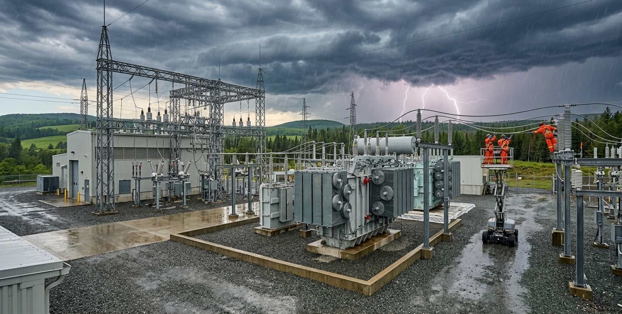 Técnicos trabajan en una subestación con transformadores durante una tormenta eléctrica.