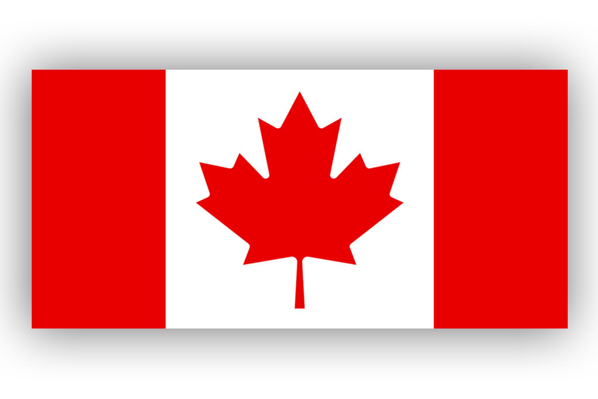 Canadian flag with a red maple leaf centered between two red vertical bands.