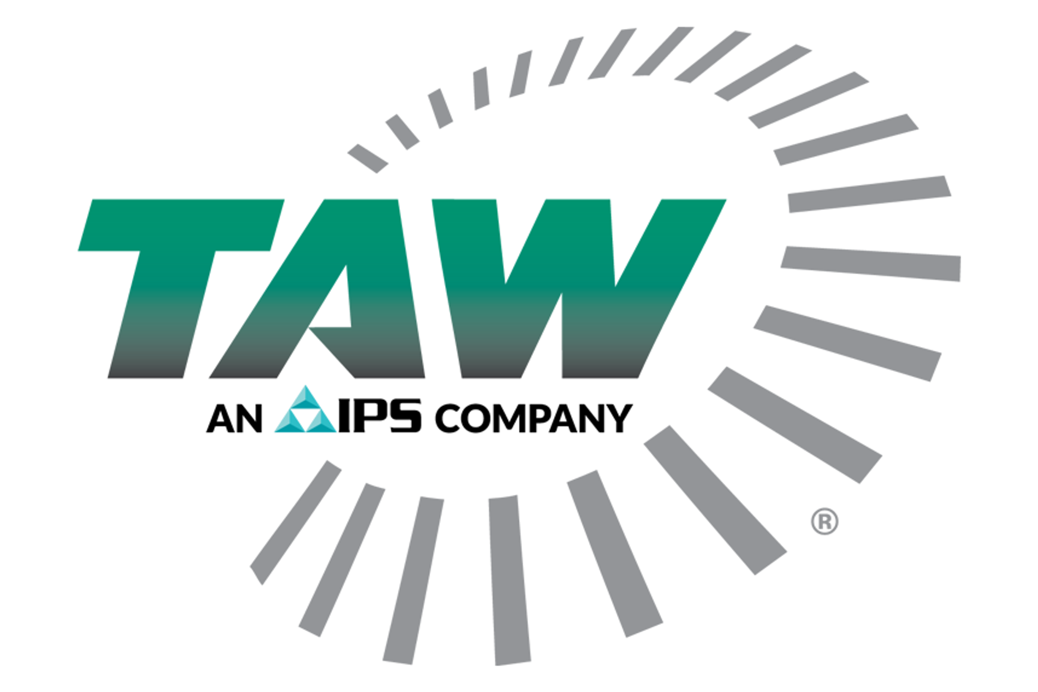Logotipo de TAW, una empresa de IPS, rodeado por un diseño circular gris.