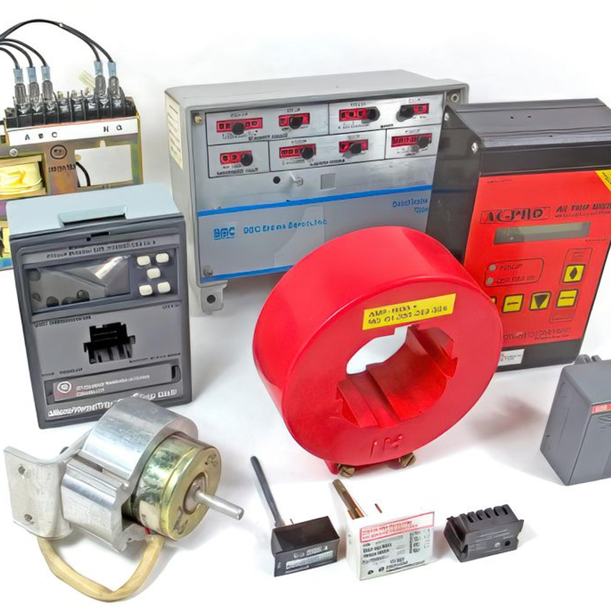Assorted industrial electrical testing equipment, including current transformers, relays and meters.