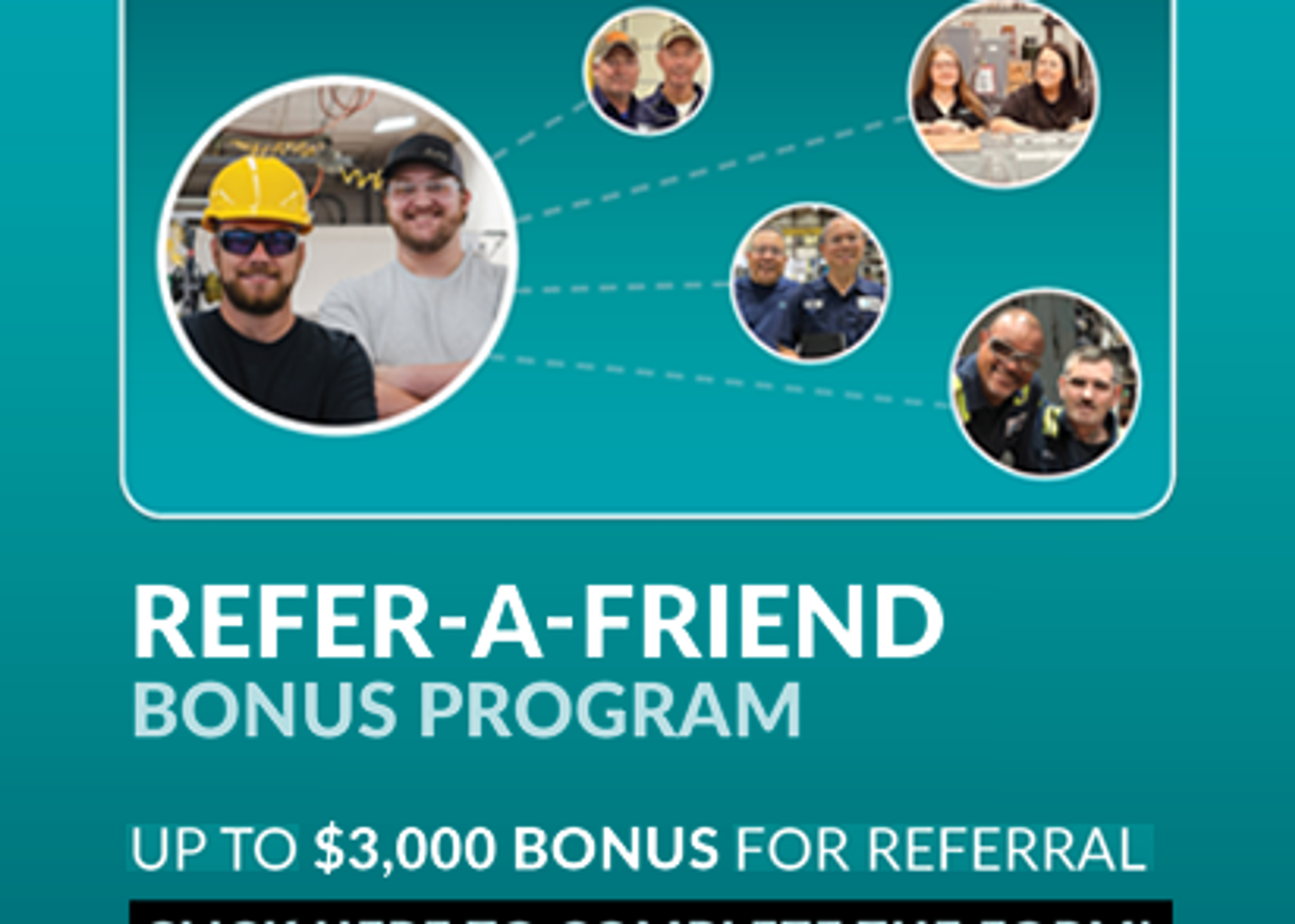 Refer-a-Friend Bonus Program graphic with employee photos and an offer of up to $3,000 per referral.