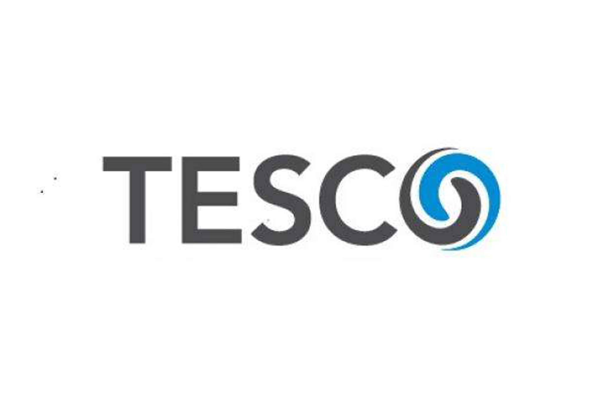 TESCO logo with a blue and gray swirl on a white background