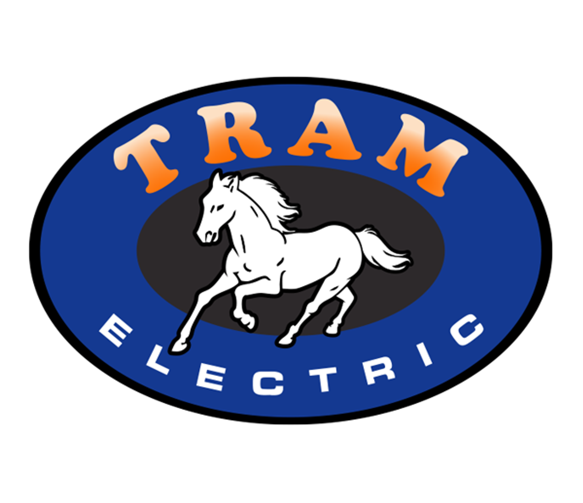 Logo ovale bleu de Tram Electric avec un cheval blanc au galop