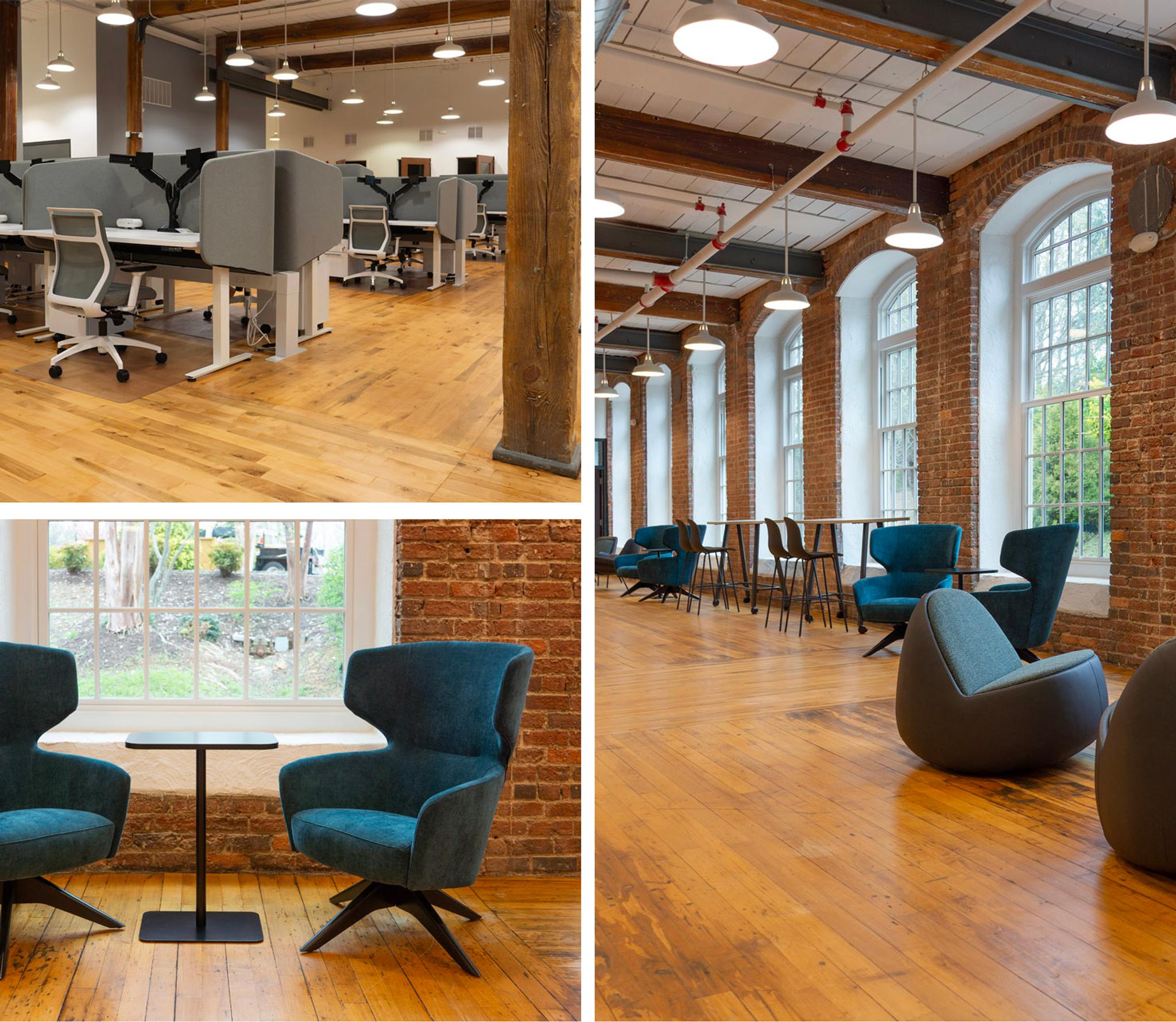 Bureaux ouverts avec postes de travail, fauteuils et tables dans un bâtiment en briques aux planchers de bois.