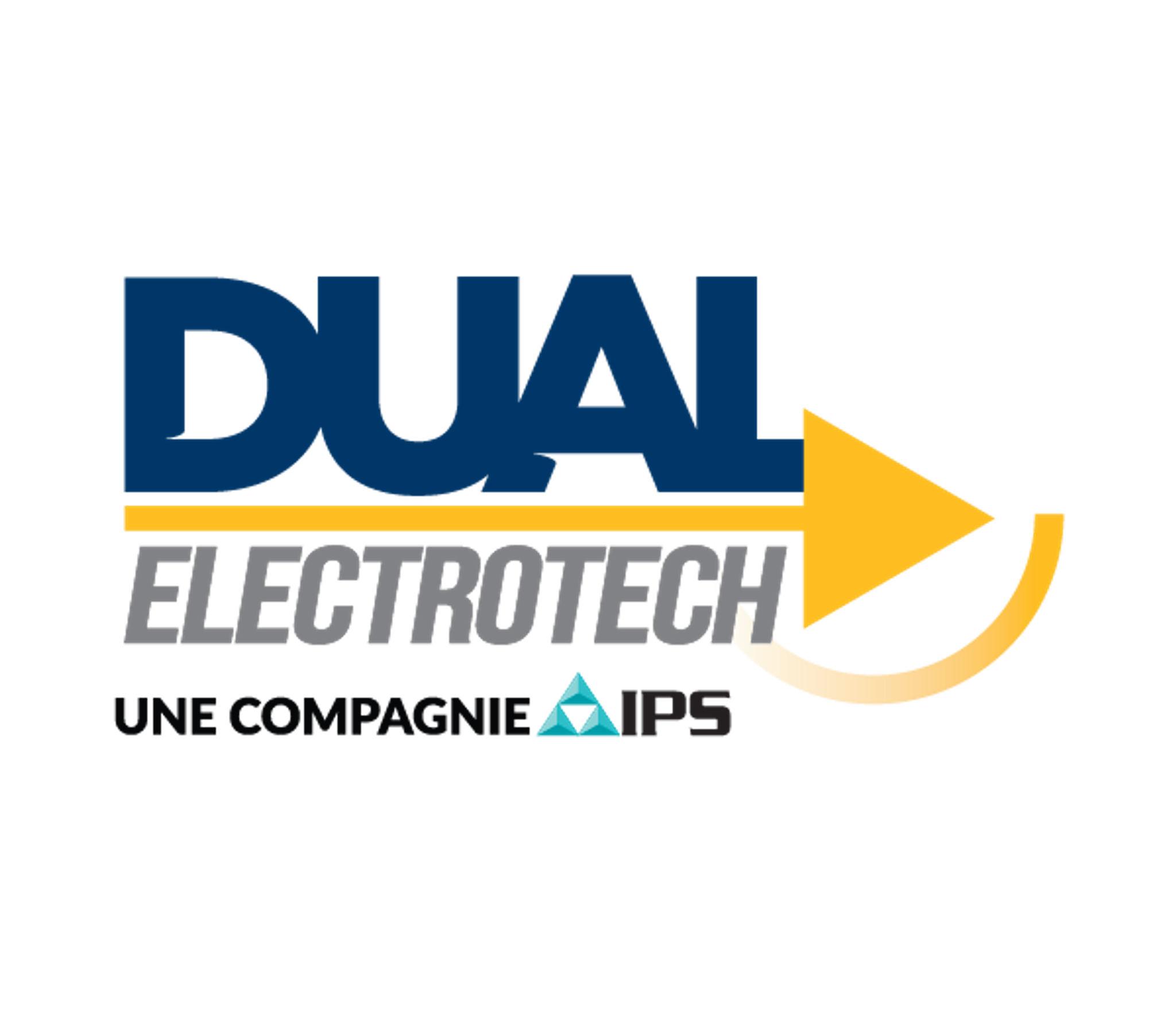 Logotipo de DUAL con una flecha amarilla hacia la derecha y una línea curva.