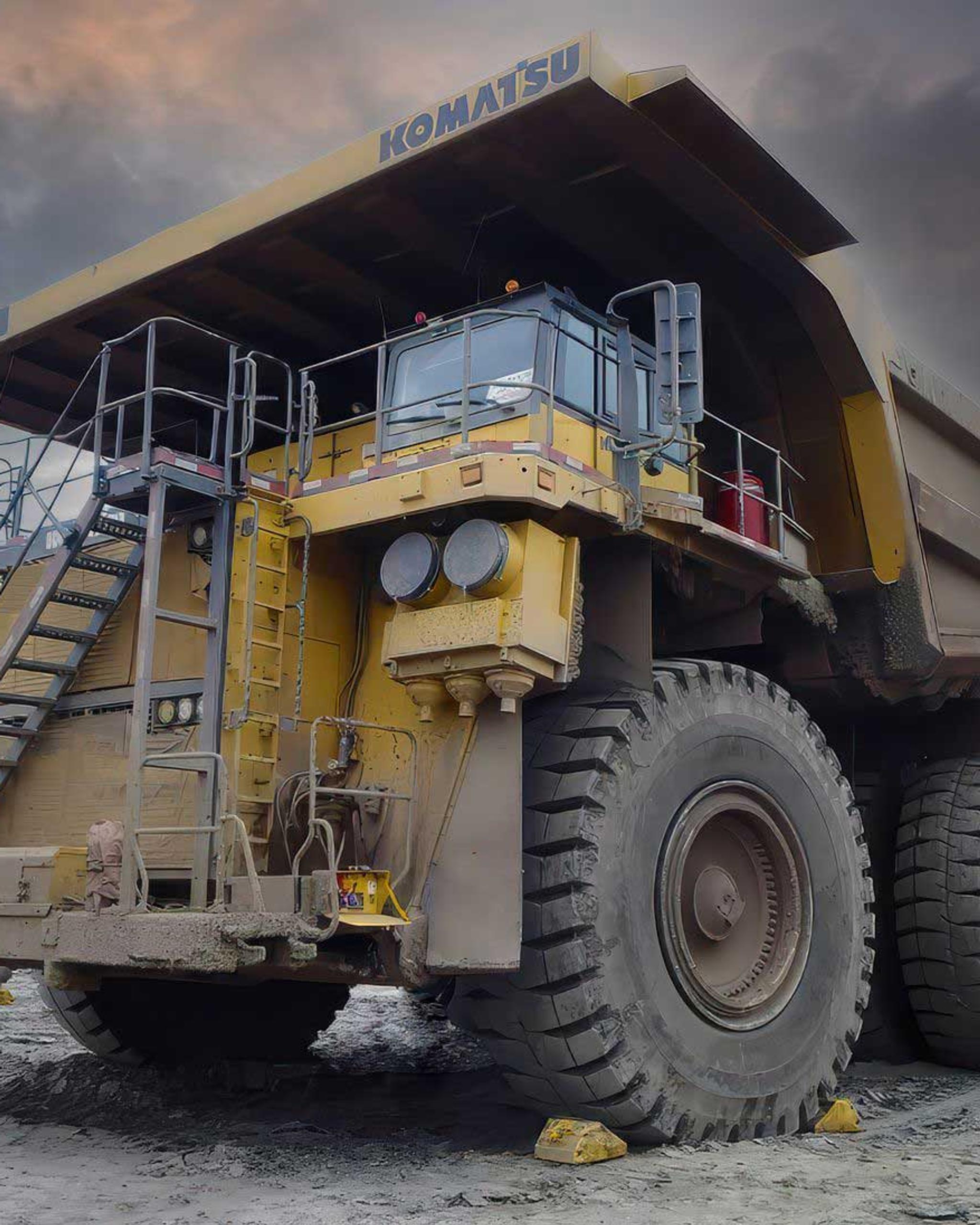 Camión minero Komatsu de gran tonelaje estacionado sobre terreno rocoso.