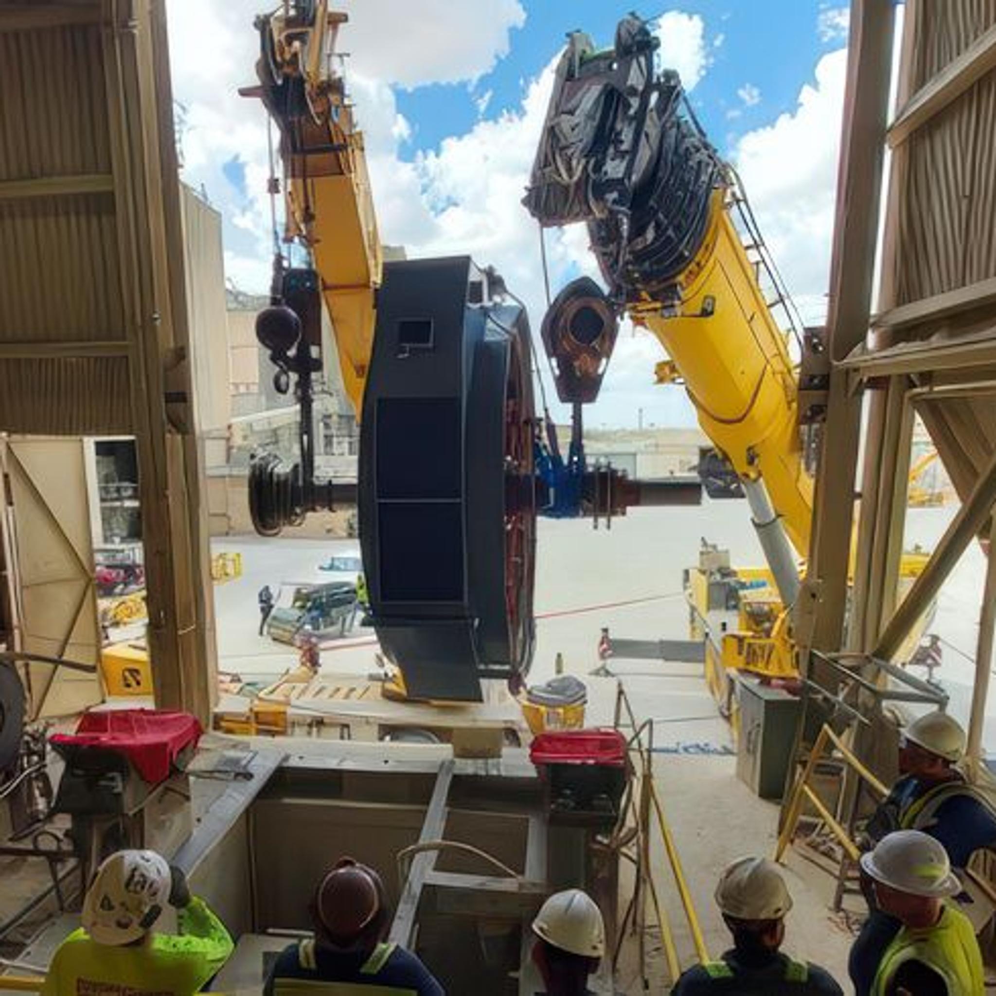 Cranes lower a large industrial motor as workers guide it into position inside a facility.