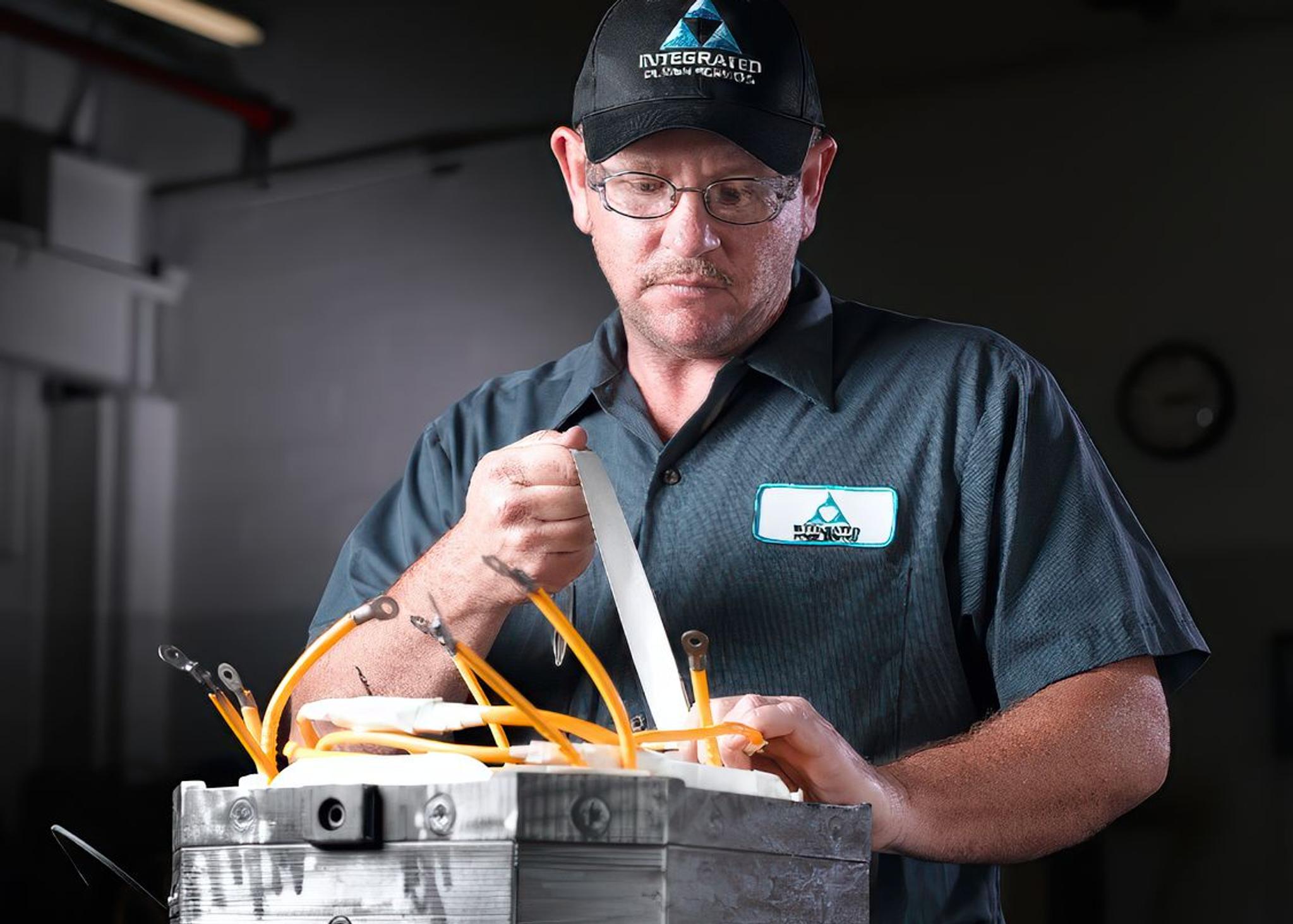 IPS technician installs electrical leads in a large laminated motor stator core.