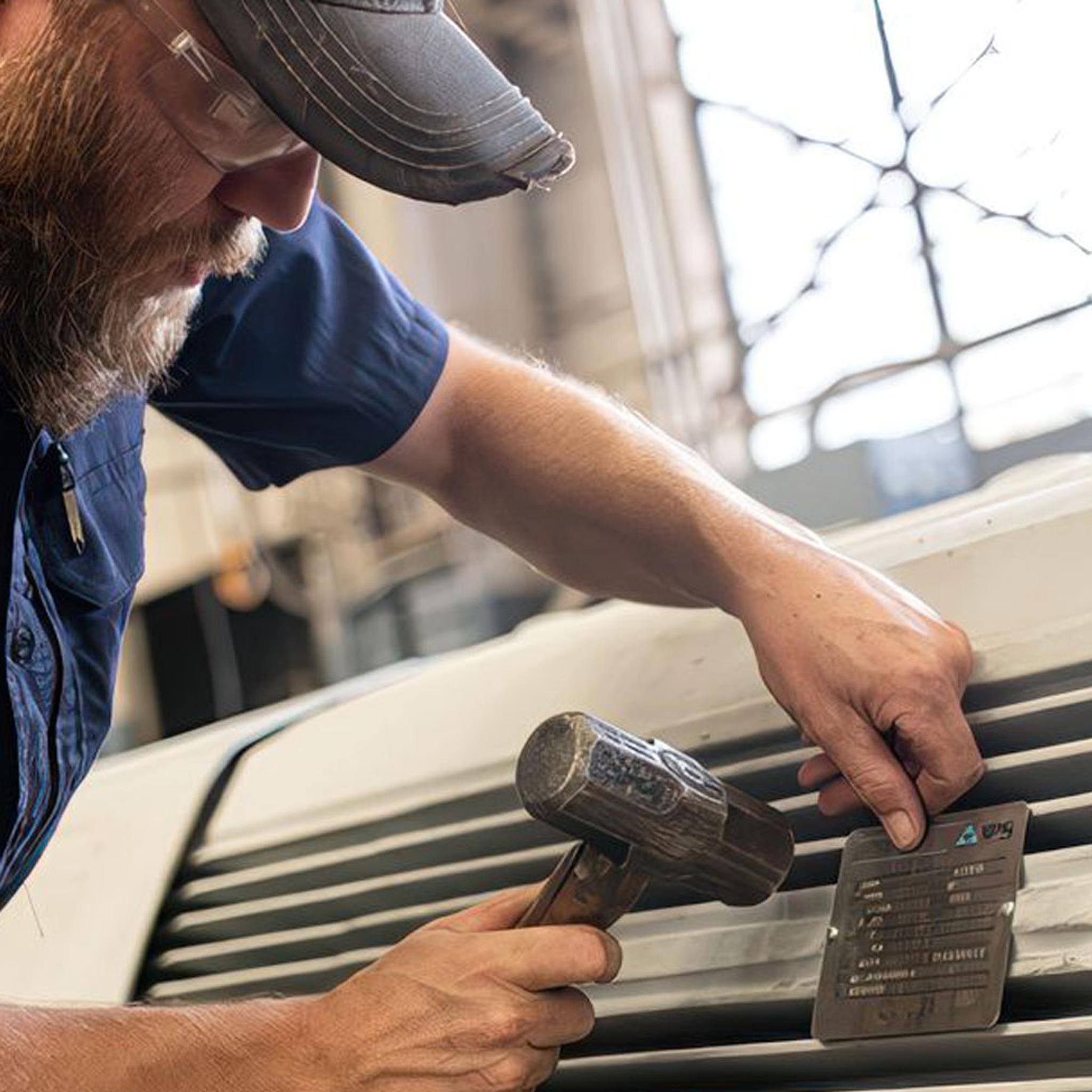 Technician uses a hammer to attach a nameplate to a large industrial electric motor.
